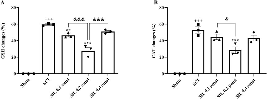 Bar graphs labeled A and B depict percentage changes in GSH and CAT, respectively, across different conditions: Sham, SCI, SIL 0.1 µmol, SIL 0.2 µmol, and SIL 0.4 µmol. GSH levels increase with SIL concentrations. Statistical significance is indicated with symbols: plus for Sham vs. SCI, asterisks for SIL treatments vs. SCI, and ampersands for comparisons between SIL concentrations. Error bars show variability.
