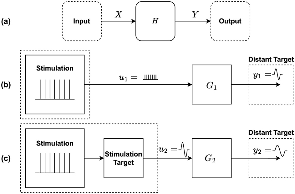 Diagram illustrating control system models. Panel (a) presents a basic input-output system, with input X processed by system H to produce output Y. Panel (b) shows a stimulation system with input u1 leading to output y1 through process G1, targeting distant outputs. Panel (c) depicts a similar system with stimulation directed toward a target before reaching output y2 through G2. Both panels (b) and (c) involve initial stimulation visualized as vertical lines and outputs as sine waves.