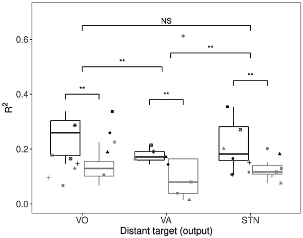 Box plot showing R2 values for distant target outputs VO, VA, and STN. VO and STN show similar higher median values and variability, while VA displays a lower median. Significant differences are indicated by asterisks, with NS showing no significance.