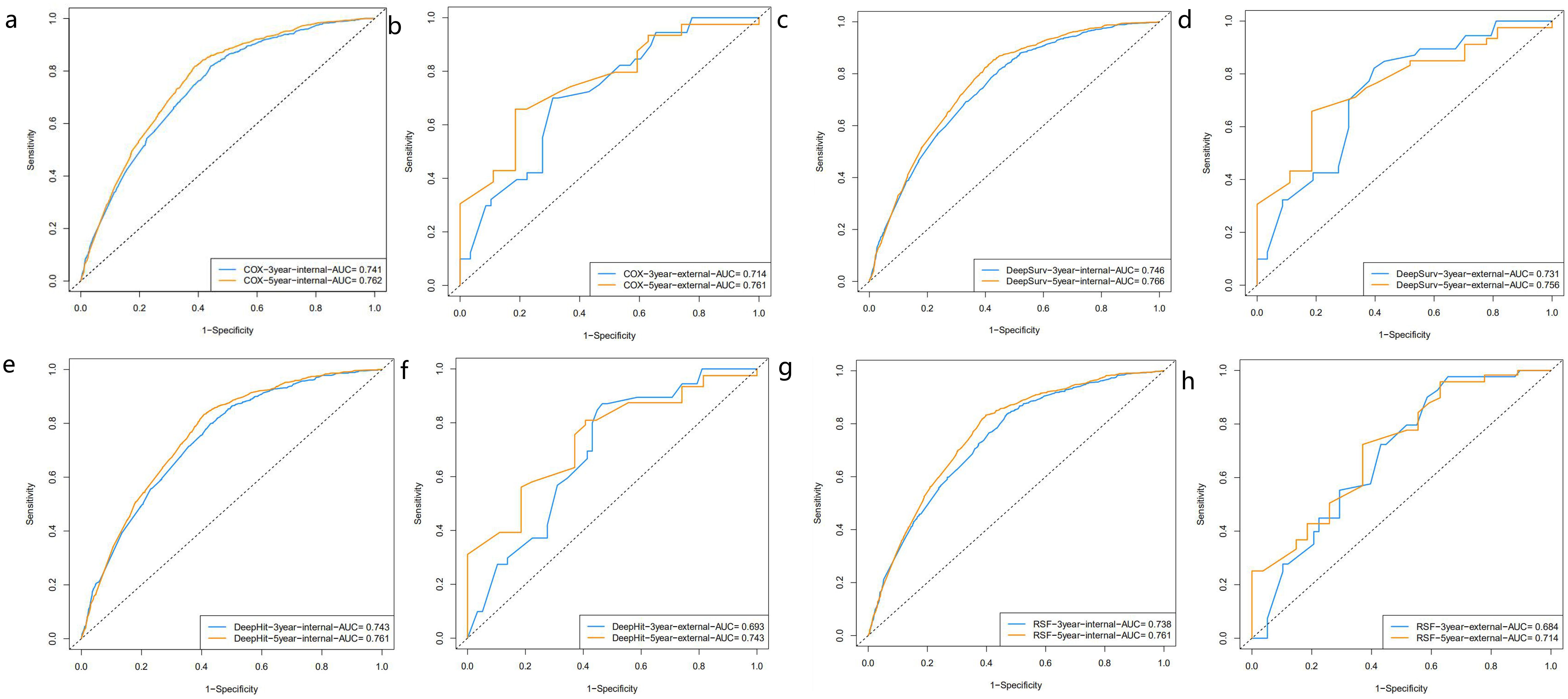 Eight ROC curves are displayed in a grid comparing different models' performance over three-year and five-year horizons. Each graph depicts sensitivity versus one minus specificity with AUC values. Panels a, c, e, g depict internal validation for COX, DeepSurv, DeepHit, and RSF models, respectively.Panels b, d, f, h depict external validation for COX, DeepSurv, DeepHit, and RSF models, respectively.