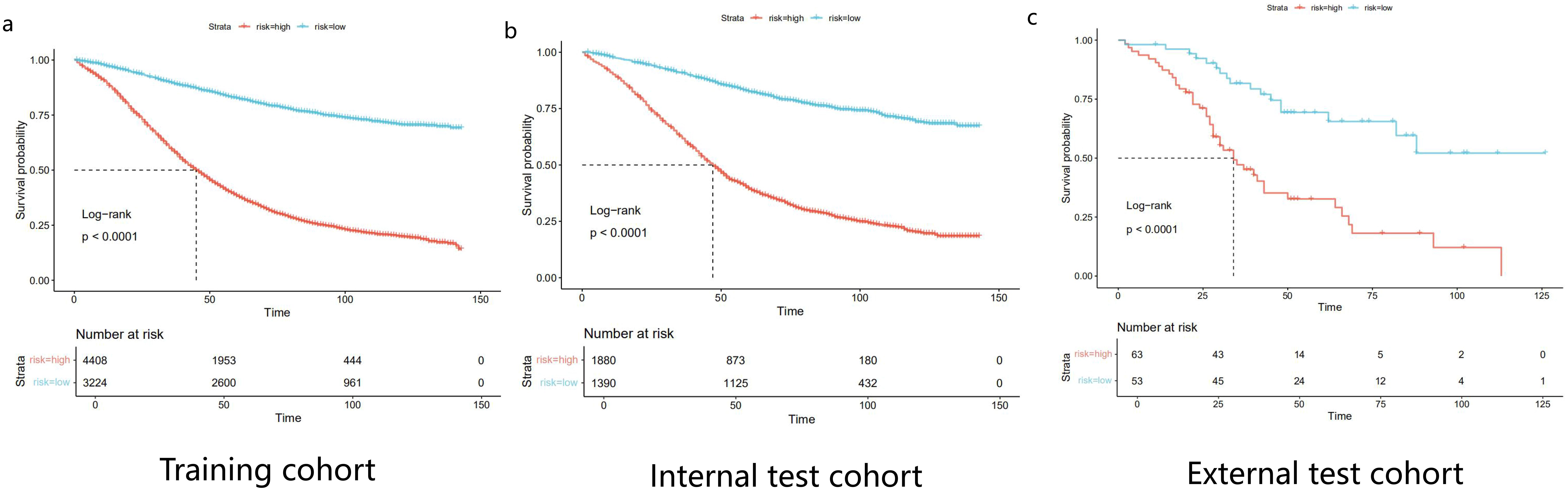 Three Kaplan-Meier survival curves are shown for different cohorts: Panel a depicts the training cohort, panel b the internal test cohort, and panel c the external test cohort. In each graph, survival probability is plotted against time for high-risk (red) and low-risk (blue) groups. Each panel includes a significant log-rank test with \( p < 0.0001 \). The tables below the graphs display the number at risk over time for each stratum.