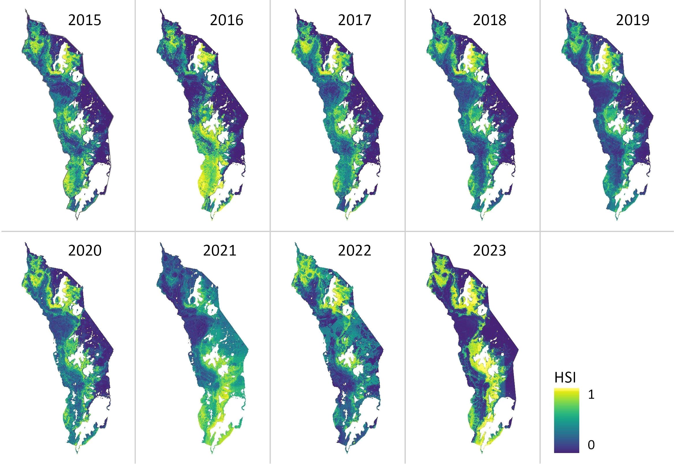 Nine maps showing habitat suitability index (HSI) for the study area from 2015 to 2023. Color gradient from dark blue to yellow represents HSI values from zero to one. Patterns change subtly across years, with variations in color intensity and distribution.