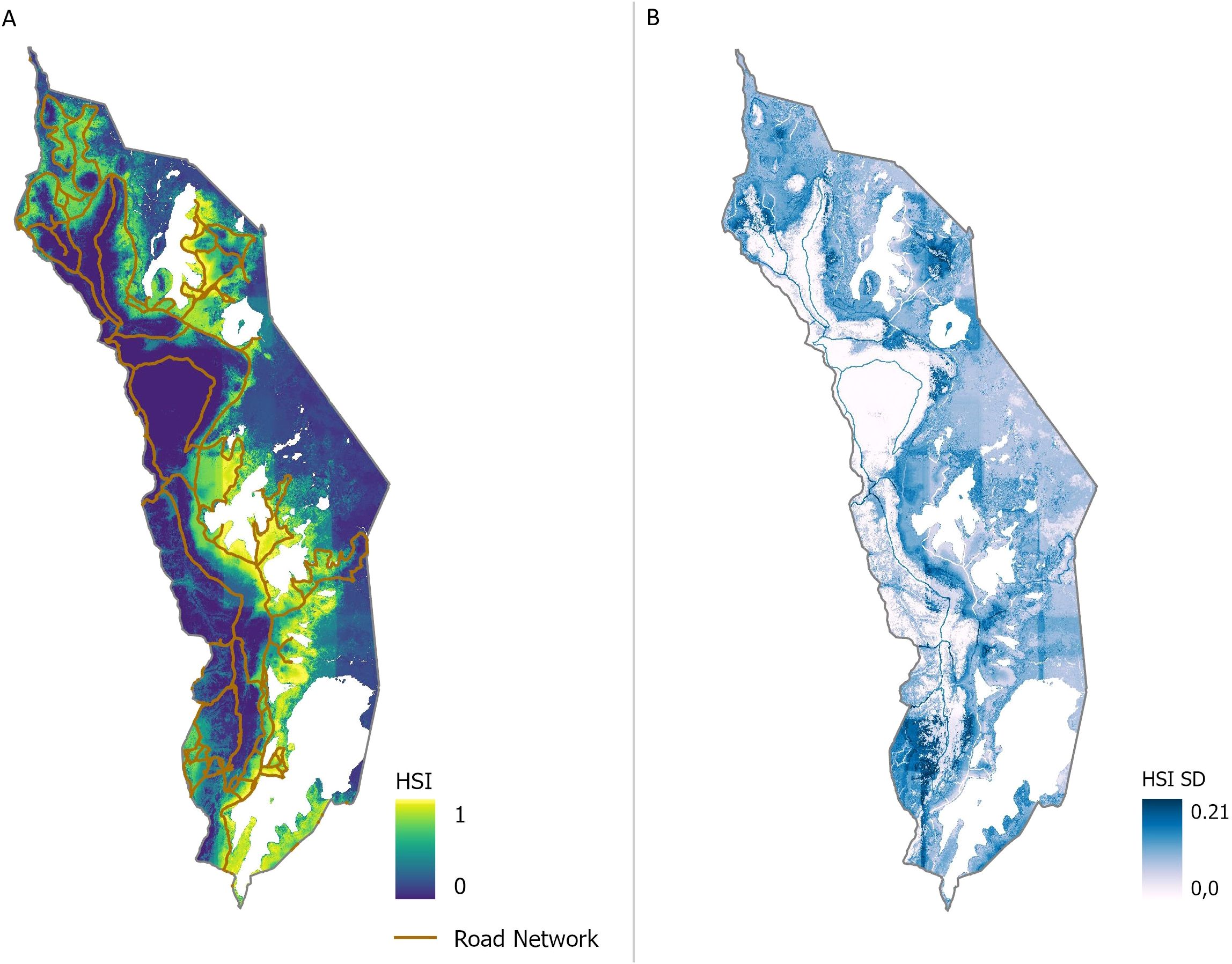 Map A shows habitat suitability index (HSI) of additional model run with predictor subset for 2023 with a color gradientfrom blue (low) to yellow (high) and outlines the road network in brown. Map B displays the standard deviation of HSI in shades of blue, ranging from white (low) to dark blue (high).