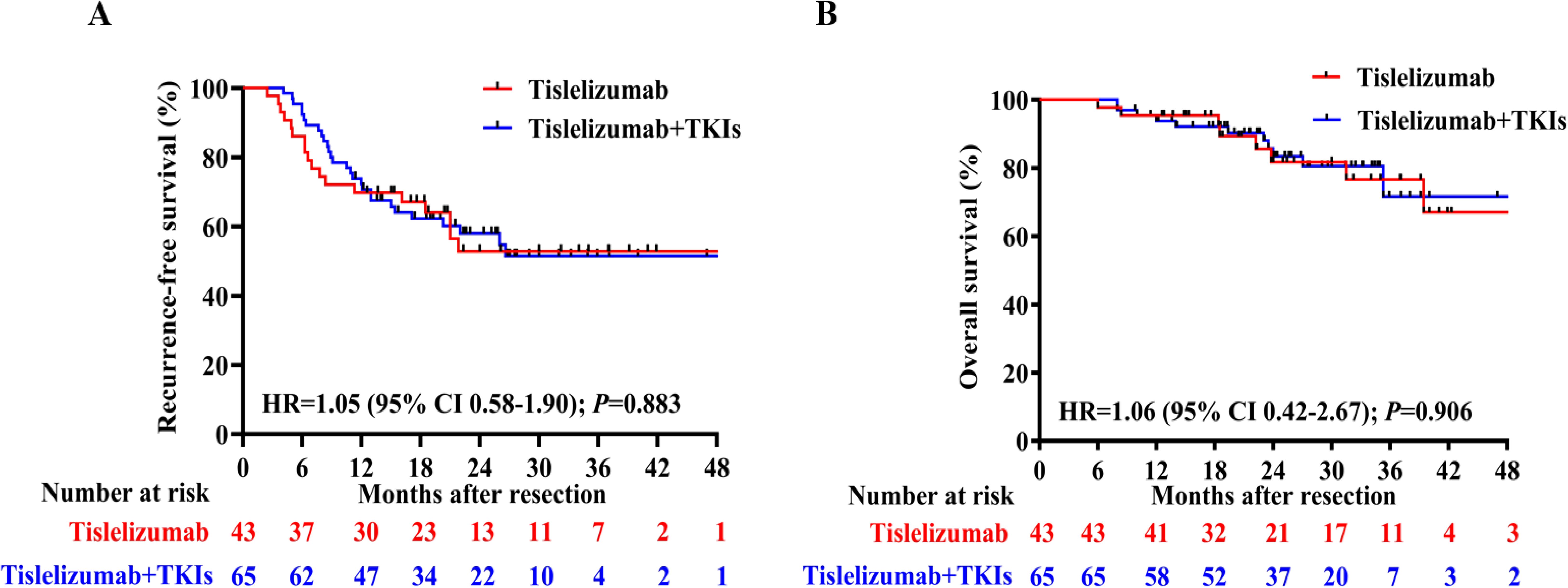 Two Kaplan-Meier plots compare survival data. Plot A shows recurrence-free survival, and Plot B shows overall survival. Both plots compare Tislelizumab (red) versus Tislelizumab plus TKIs (blue) over forty-eight months. Hazard ratios are 1.05 and 1.06, with p-values of 0.883 and 0.906, indicating no significant difference. The number at risk is listed for each group at various intervals.