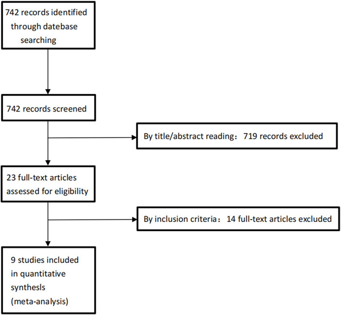 Flowchart showing a study selection process: 742 records identified through database searching; 742 screened; 719 excluded by title/abstract reading; 23 full-text articles assessed; 14 excluded by inclusion criteria; 9 studies included in quantitative synthesis (meta-analysis).