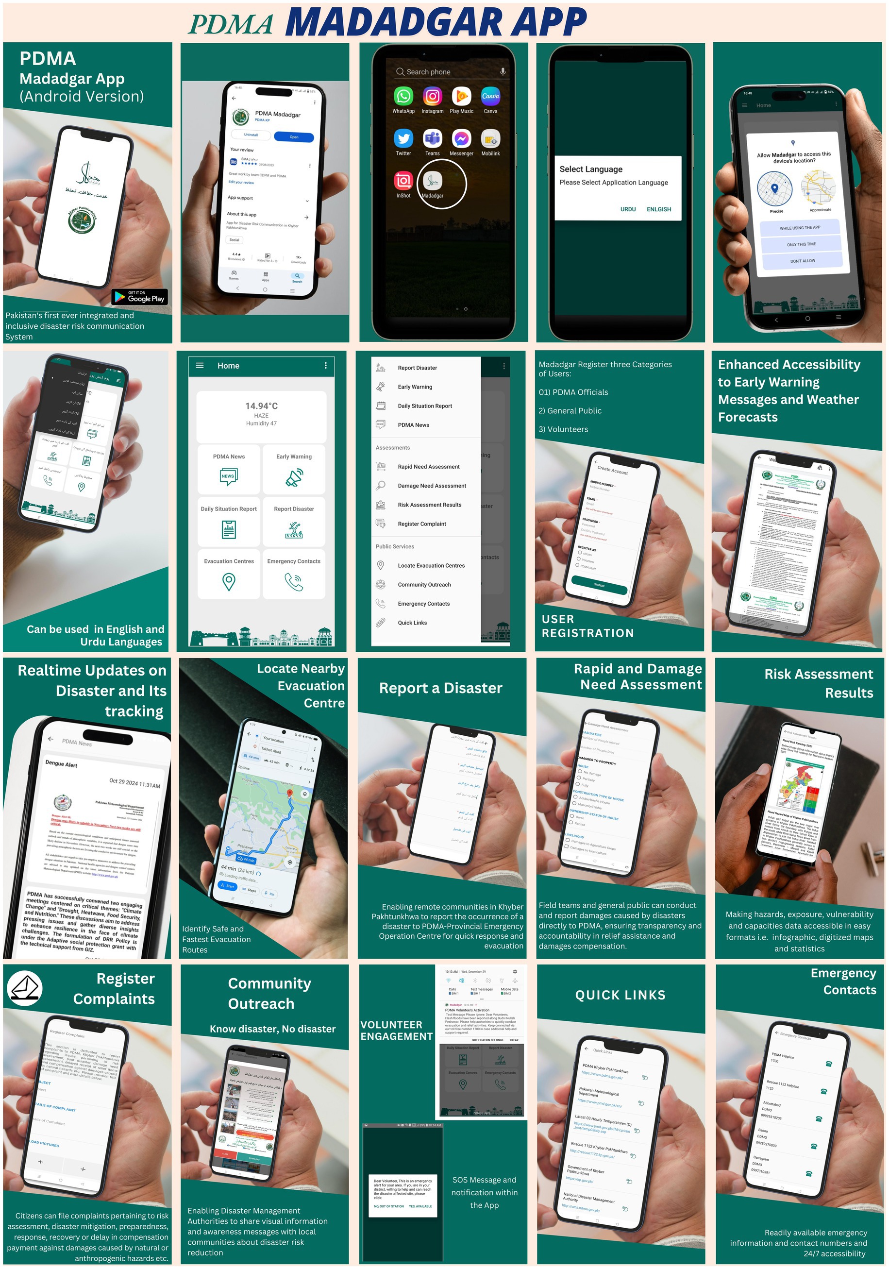 PDMA Madadgar App promotional poster showcases various features. Images display the app interface for Android, language selection, and accessibility permissions. Descriptions highlight disaster updates, evacuation routes, reporting, damage assessment, risk results, complaint registration, community outreach, volunteer engagement, emergency contacts, and quick links. Emphasis is placed on real-time updates, reporting capabilities, and enhanced communication for disaster management. The app is available in English and Urdu, aiming to support PDMA officials, the general public, and volunteers.