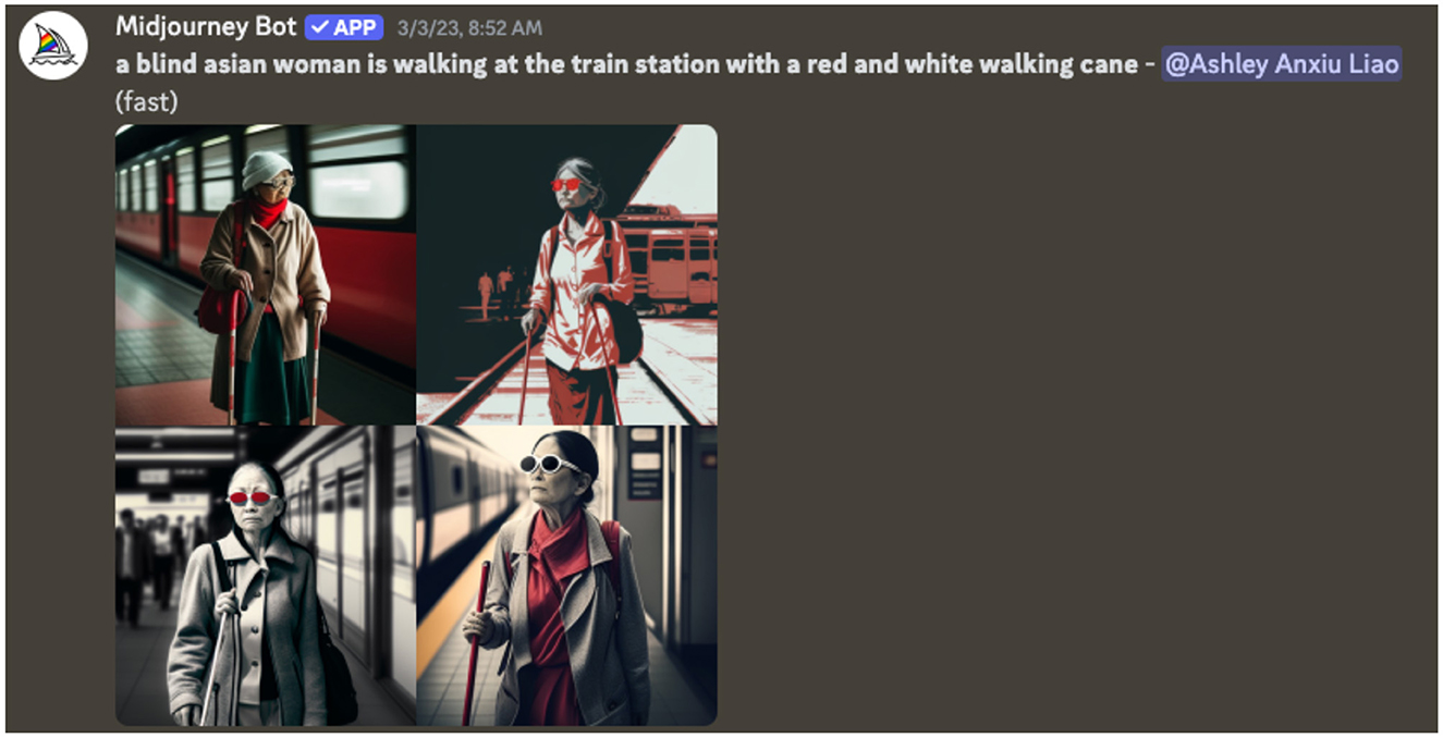 A woman with a hat and sunglasses is at a train station, using a red and white walking cane. She is dressed in a coat and carries a bag. The station background includes trains and platforms.