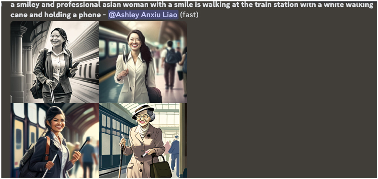 Four illustrations depict a smiling woman at a train station. She is holding a white cane and a phone. Each image shows her in a different outfit and setting, maintaining the same positive expression and professional demeanor. The background includes blurred trains and station details.