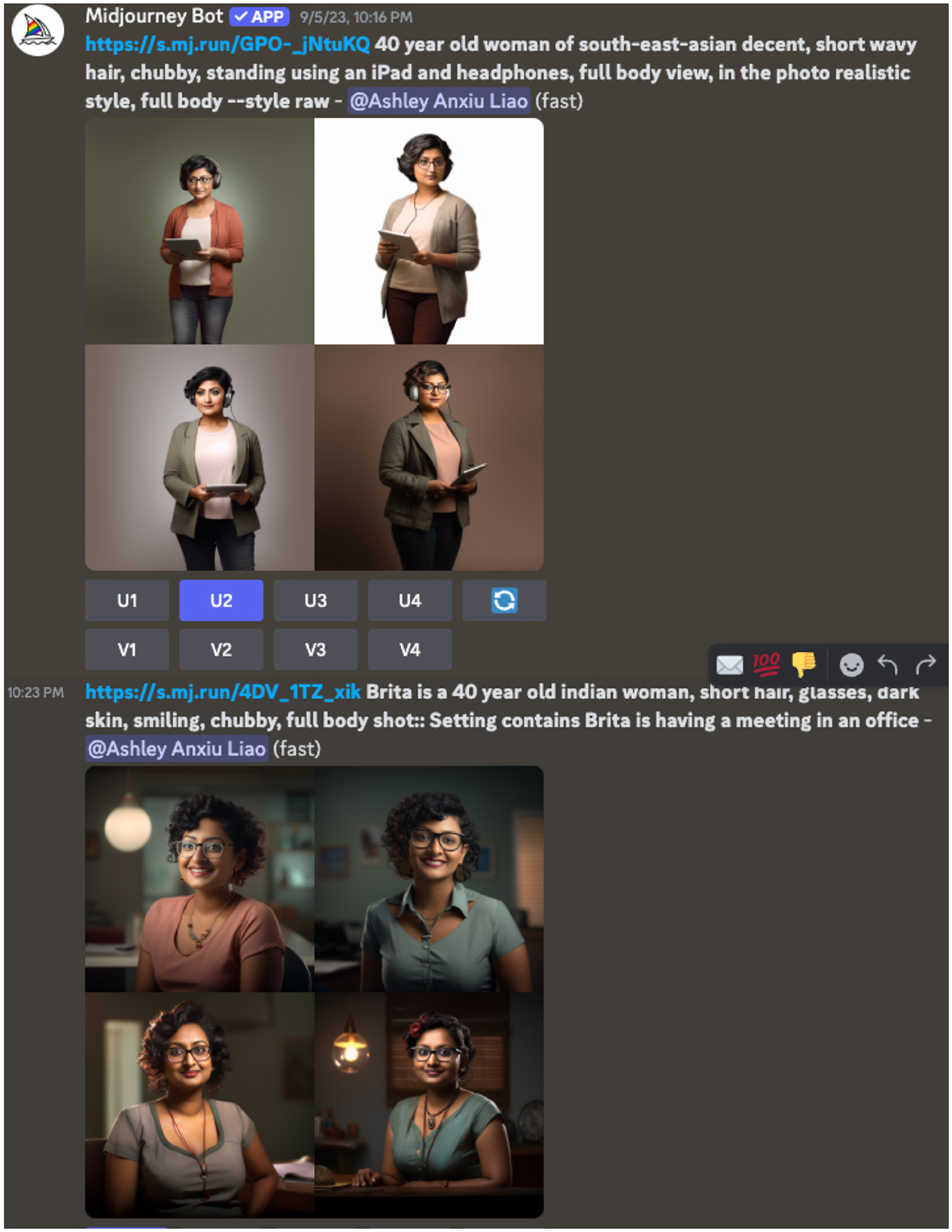 Four images of a woman with short hair, wearing casual attire and holding an iPad, in different poses and neutral backgrounds. Four images of a smiling woman with short hair and glasses, in an office setting with warm lighting, showing her in different poses.