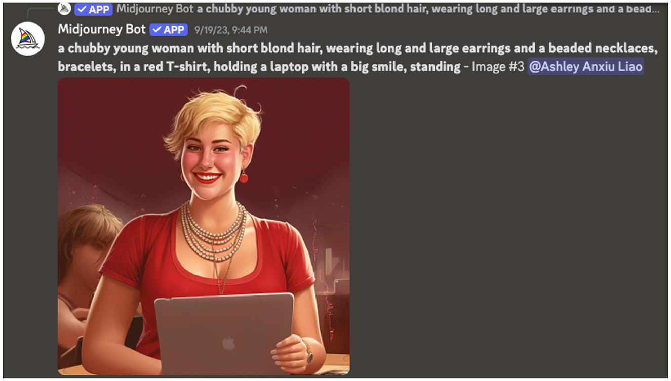 A young woman with short blond hair is wearing a red T-shirt, large earrings, multiple beaded necklaces, and bracelets. She is smiling broadly and holding a laptop, standing confidently.