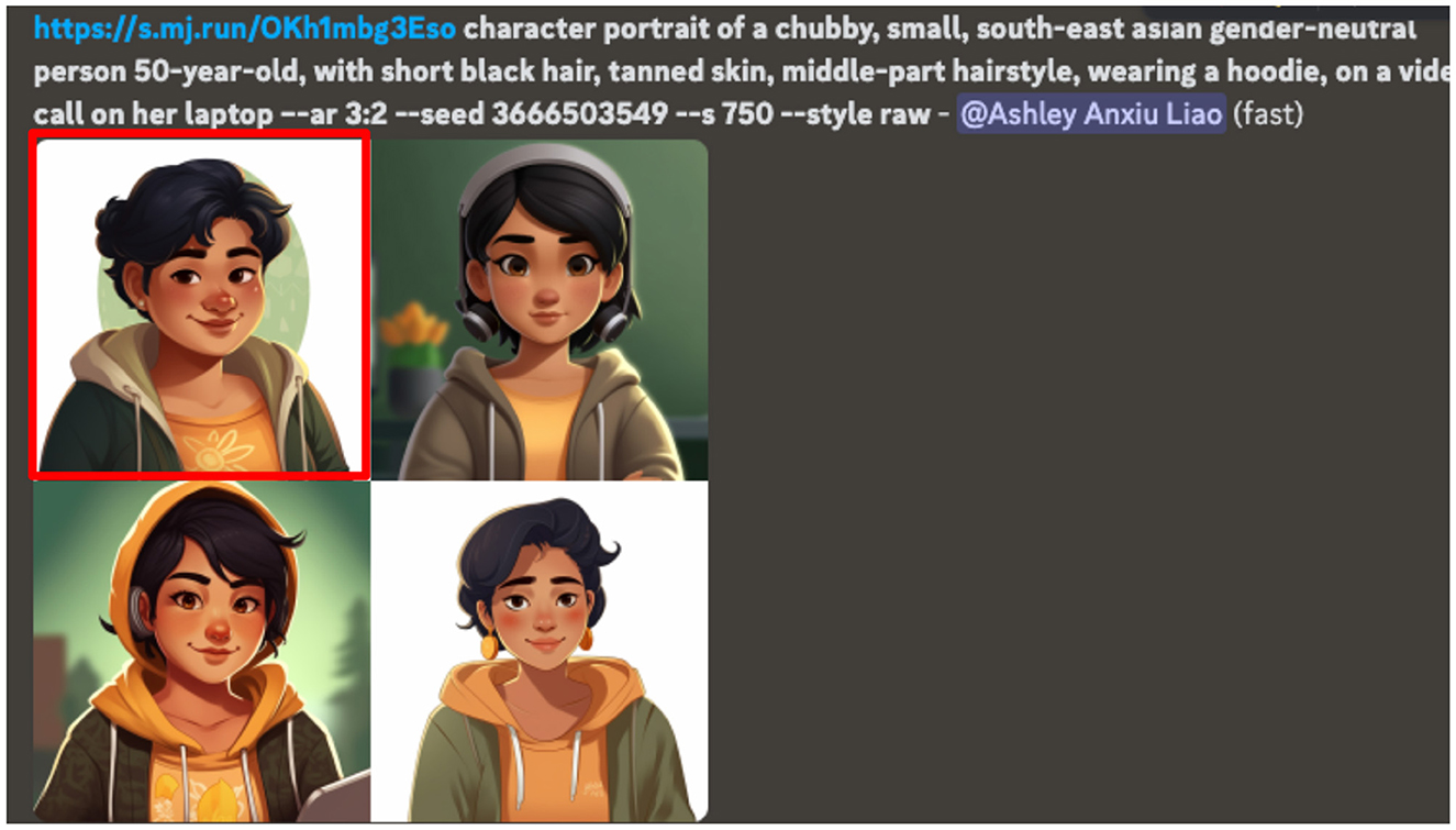 Character portraits of a person with short black hair and a friendly expression. They are wearing a hoodie in different styles and colors, set against various backgrounds.