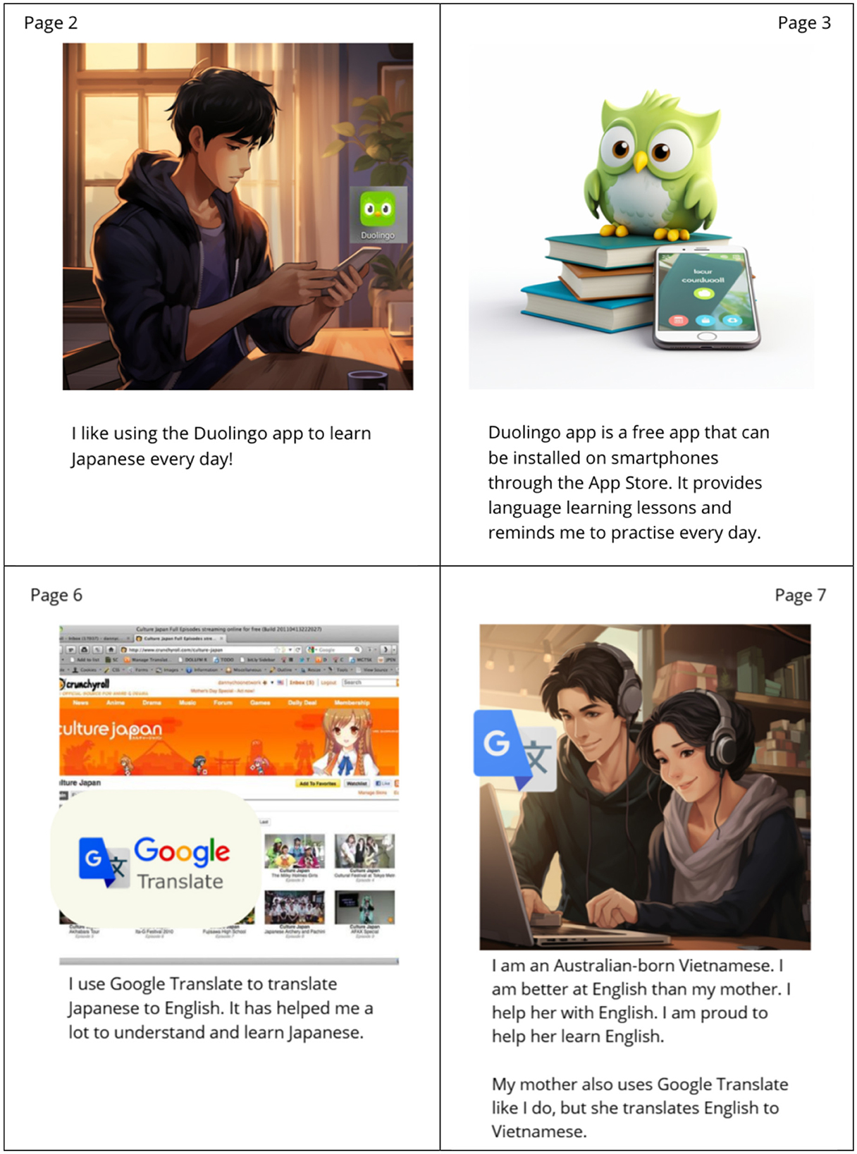 Page 2 shows a person using a smartphone with the Duolingo app icon visible. Page 3 depicts the Duolingo owl mascot with books and a smartphone displaying the app. Page 6 features a screenshot of a browser with Culture Japan and Crunchyroll, overlaid with the Google Translate logo. Page 7 illustrates two people using a laptop with the Google Translate icon, indicating language learning and translation aid.