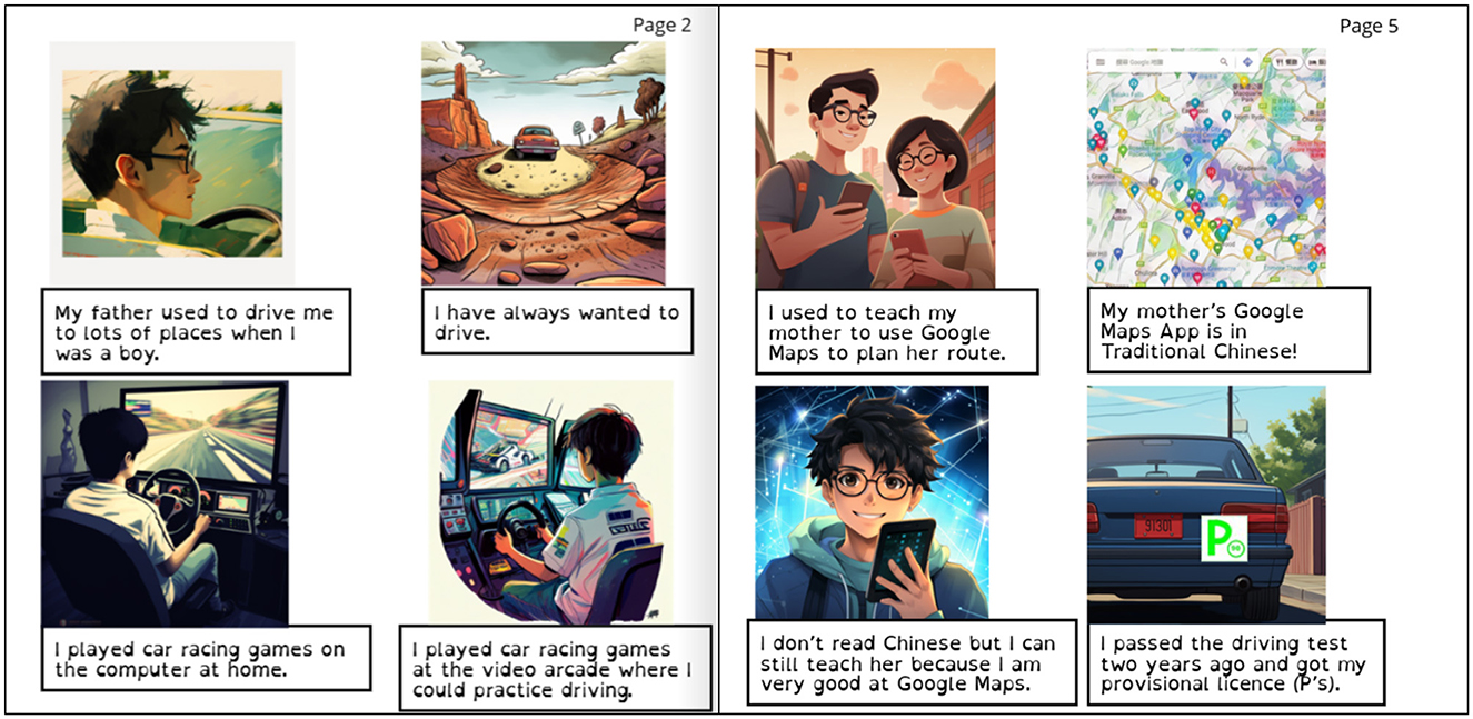 Page two shows four panels: a boy in sunglasses reminiscing about his father driving him places, a desert road suggesting a desire to drive, a boy playing car racing games at home, and in an arcade for practice. Page five features four panels: a young man teaching his mother to use Google Maps, a map in Traditional Chinese, a young man proficient with Google Maps despite not reading Chinese, and a car with a P-plate, indicating a passed driving test two years ago.