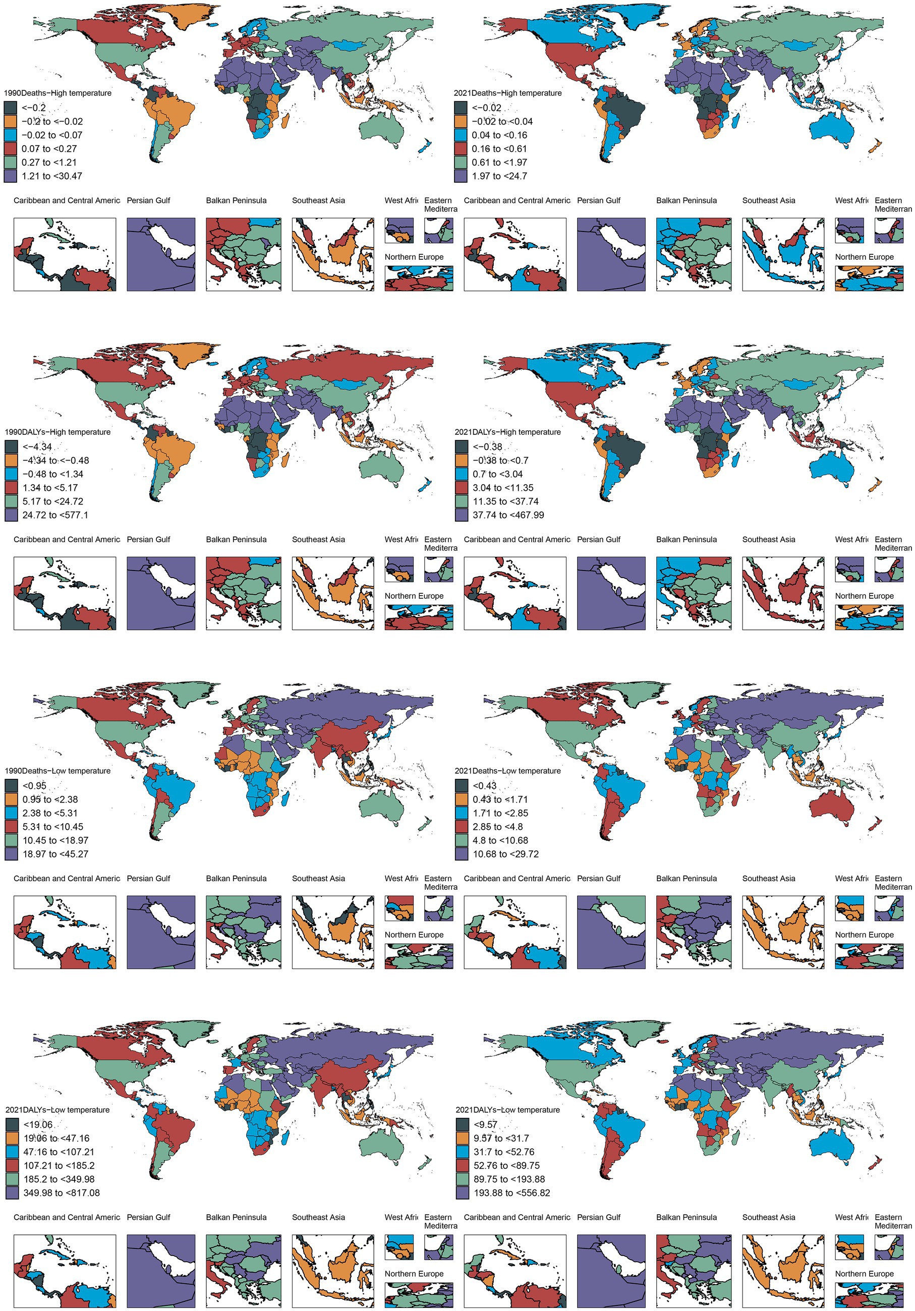 Global maps and regional insets depict deaths and disability-adjusted life years (DALYs) related to high and low temperatures for 1990 and 2021. Each section includes color-coded legends indicating the range of values. Regions such as the Caribbean, Central America, and Southeast Asia are highlighted separately, emphasizing variations across world areas. The maps detail temperature-related health impacts, capturing shifts over time.