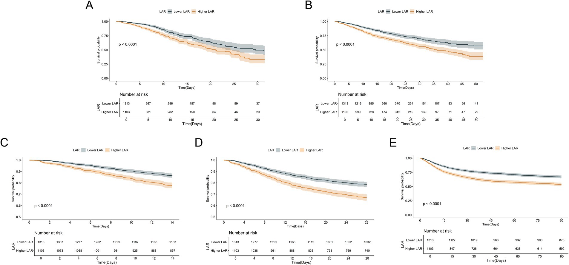 Five Kaplan-Meier survival curves labeled A to E, each illustrating survival probability over time in days, comparing lower LAR (gray line) and higher LAR (orange line) groups. All graphs indicate a p-value less than 0.0001, showing significant differences between the groups. Each graph includes a number at risk table beneath, displaying participants at various time points.