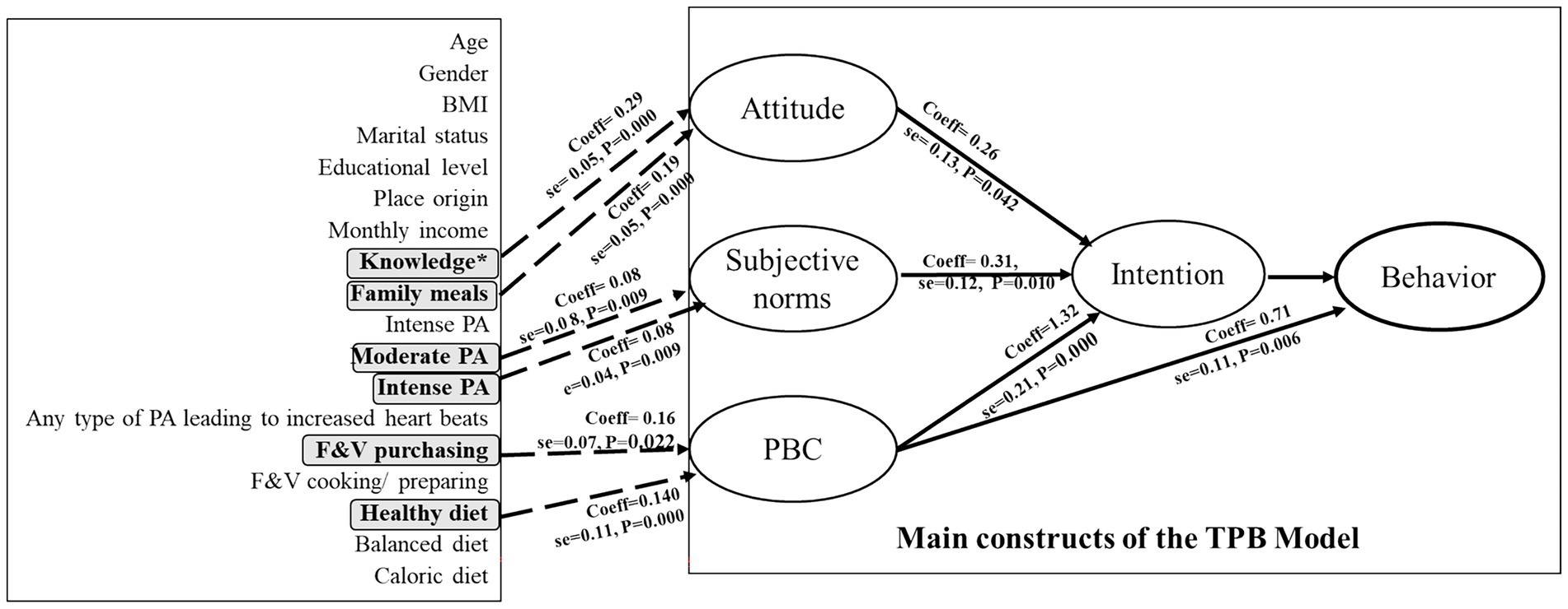 Diagram of the Theory of Planned Behavior (TPB) model showing the relationships between main constructs: Attitude, Subjective Norms, Perceived Behavioral Control (PBC), Intention, and Behavior. Various factors like age, gender, knowledge, family meals, and diet influence these constructs. Coefficients, standard errors, and P-values indicate the strength and significance of each relationship, such as between Attitude and Intention (Coefficient 0.26, P = 0.042) and between Intention and Behavior (Coefficient 0.71, P = 0.006).