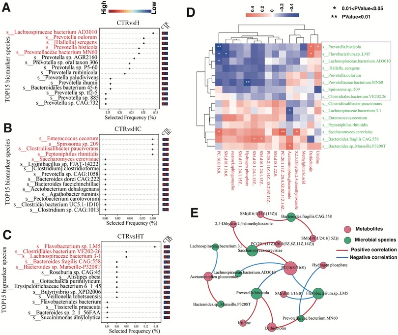 Composite image of scientific charts and diagrams. \n\nA, B, C: Dot plots showing the top fifteen biomarker species across different comparisons (CTRs vs HT, CTRs vs HC, CTRs vs H). Selected frequency percentages are plotted to the right, with several species names in red.\n\nD: Heatmap displaying the correlation between microbial species in different colors representing positive and negative values. Significant p-values are marked with asterisks.\n\nE: Network diagram illustrating the interactions between metabolites and microbial species, using nodes and lines for positive and negative correlations.
