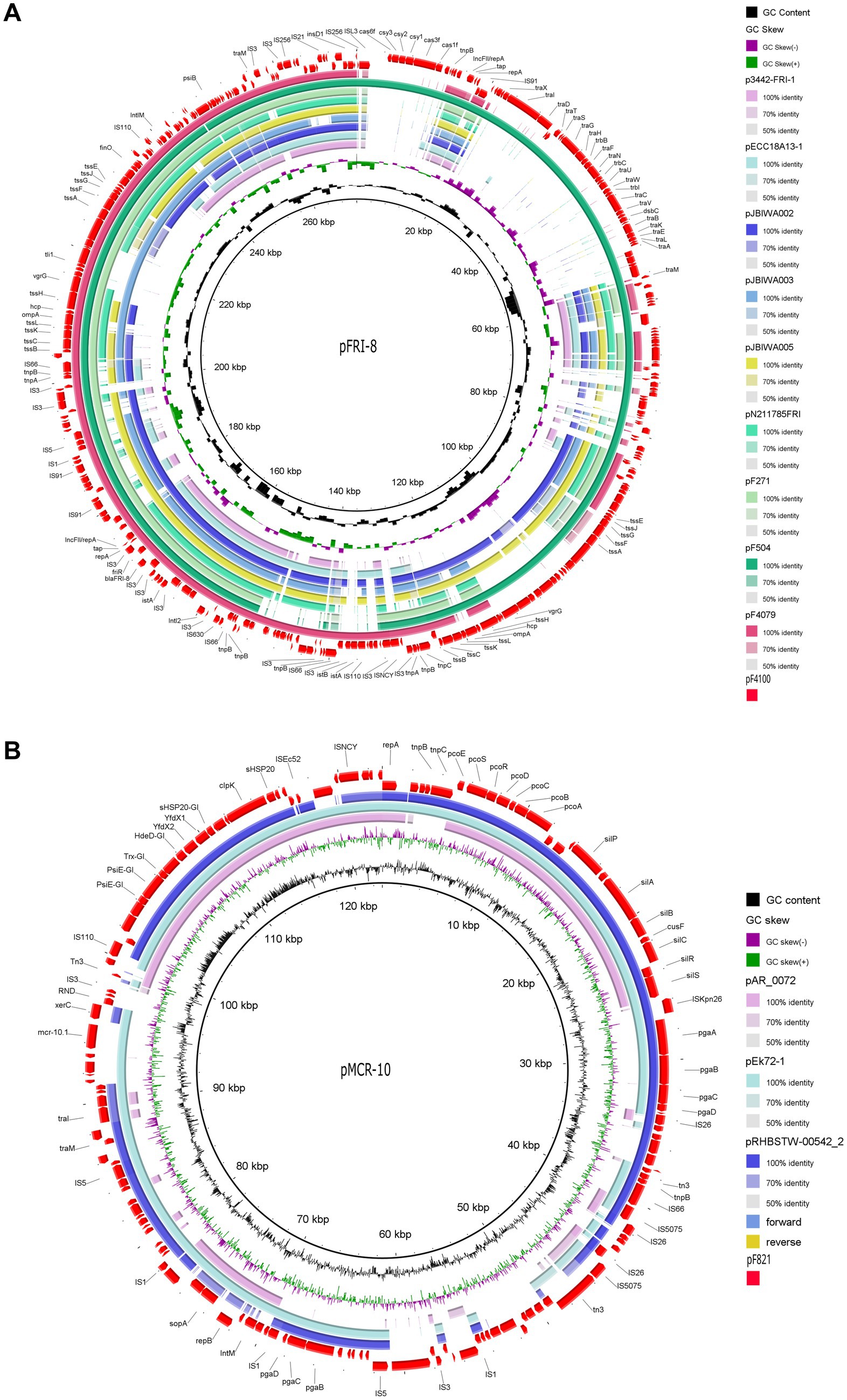 Two circular diagrams labeled A and B depict plasmid maps, pFRI-8 and pMCR-10, respectively, showing gene locations and features. Each rings GC content, GC skew, and sequence identity. Color-coded bars and keys indicate genetic elements and similarity percentages to other plasmids.