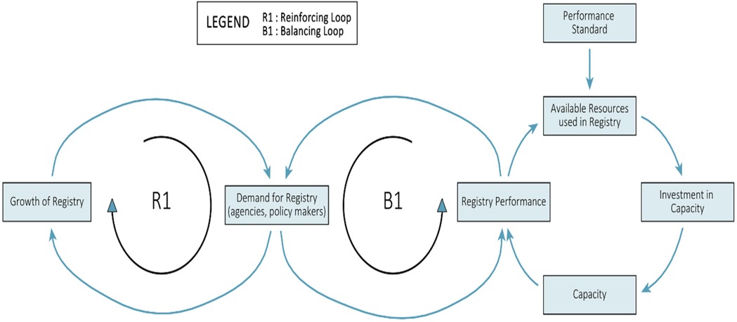 Flowchart showing two loops: R1, a reinforcing loop, and B1, a balancing loop. R1 includes \