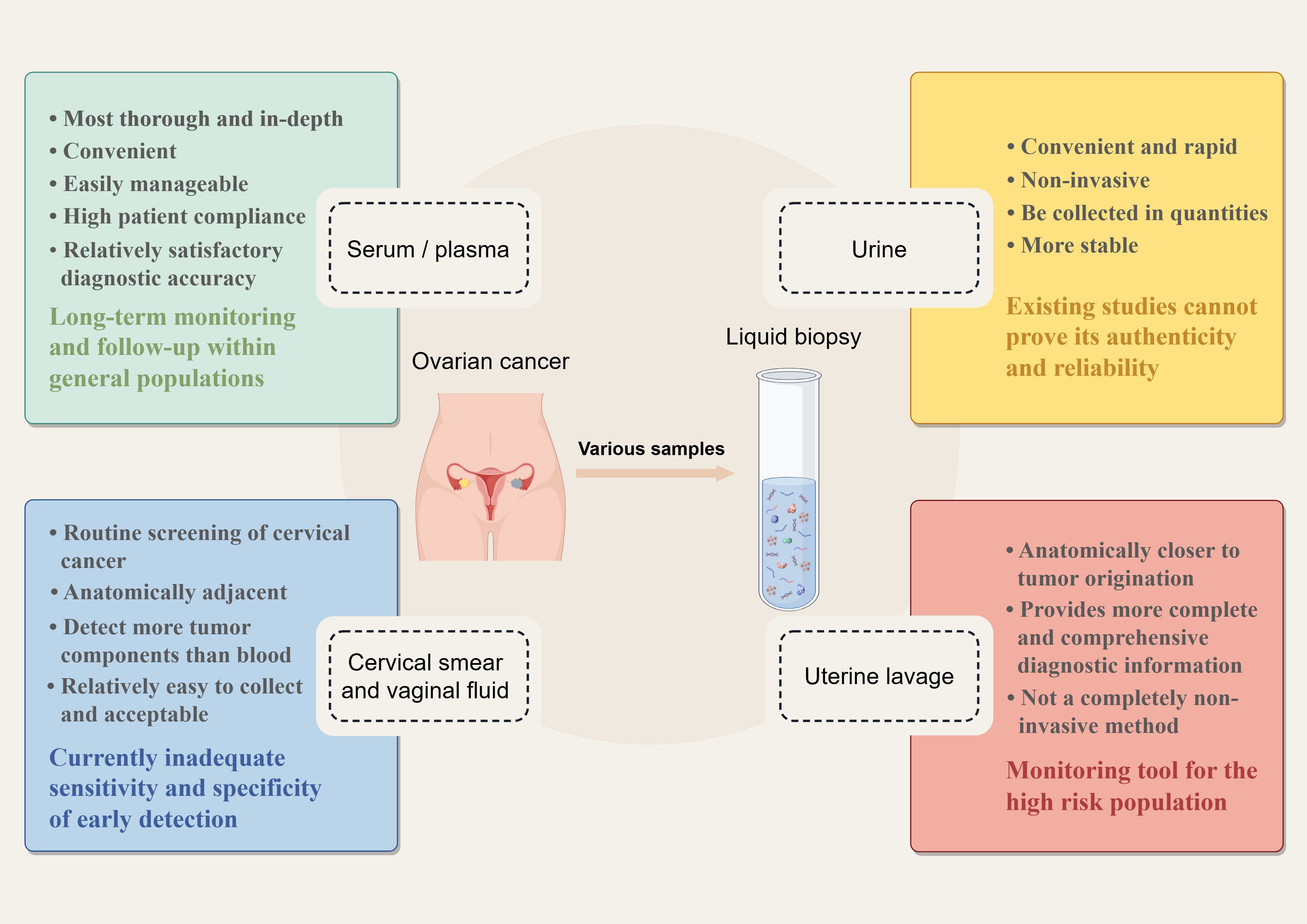 Diagram illustrating various liquid biopsy samples for ovarian cancer: serum/plasma, urine, cervical smear and vaginal fluid, and uterine lavage. Each type is accompanied by benefits and limitations. The diagram highlights factors like convenience, diagnostic accuracy, monitoring, and collection challenges.