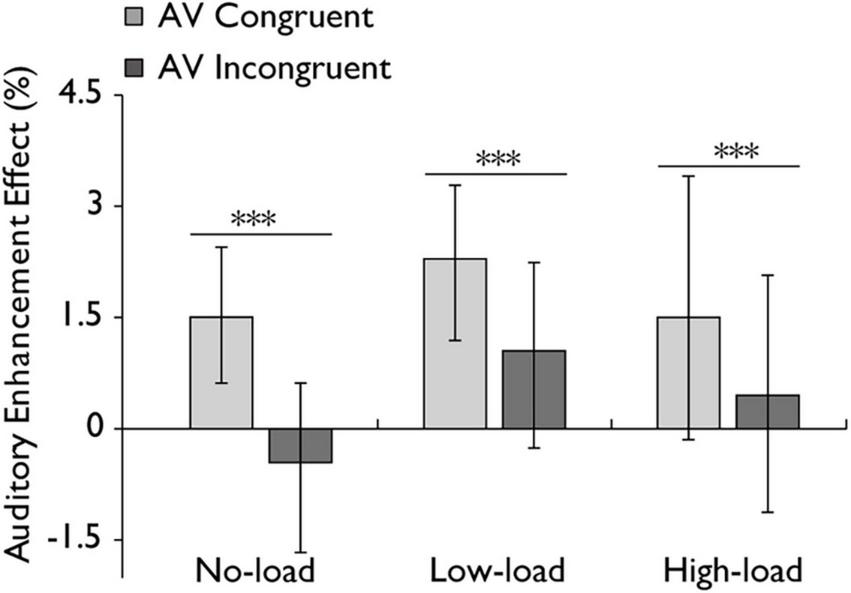 Bar graph illustrating auditory enhancement effect (%) for AV Congruent and AV Incongruent conditions across no-load, low-load, and high-load tasks. AV Congruent bars are taller, showing greater enhancement, significantly more in low-load and high-load, indicated by asterisks (***). AV Incongruent bars show little or negative enhancement. Error bars depict variability.
