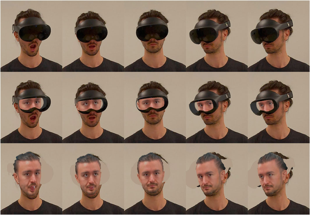 Fifteen facial images arranged in three rows of five. The top row shows a person wearing a head-mounted display with various expressions. The middle row shows the person with matching expressions and expressive eyes overlayed on the display visor. The bottom row shows the person with an overlay that masks the display, showing them without it.