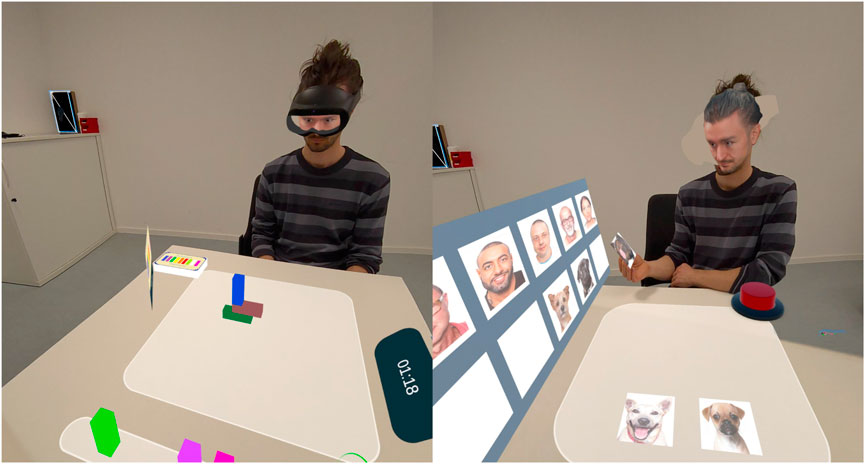 A person wearing a head-mounted display sits at a table with a headset, as seen in pass-through augmented reality. On the left, there are colored blocks on the table with a timer; the person's expressive avatar is overlayed on the display visor. On the right, the person holds a photo while a virtual display of faces and animals is displayed; their head-mounted display is masked out, with a virtual face shown on top.