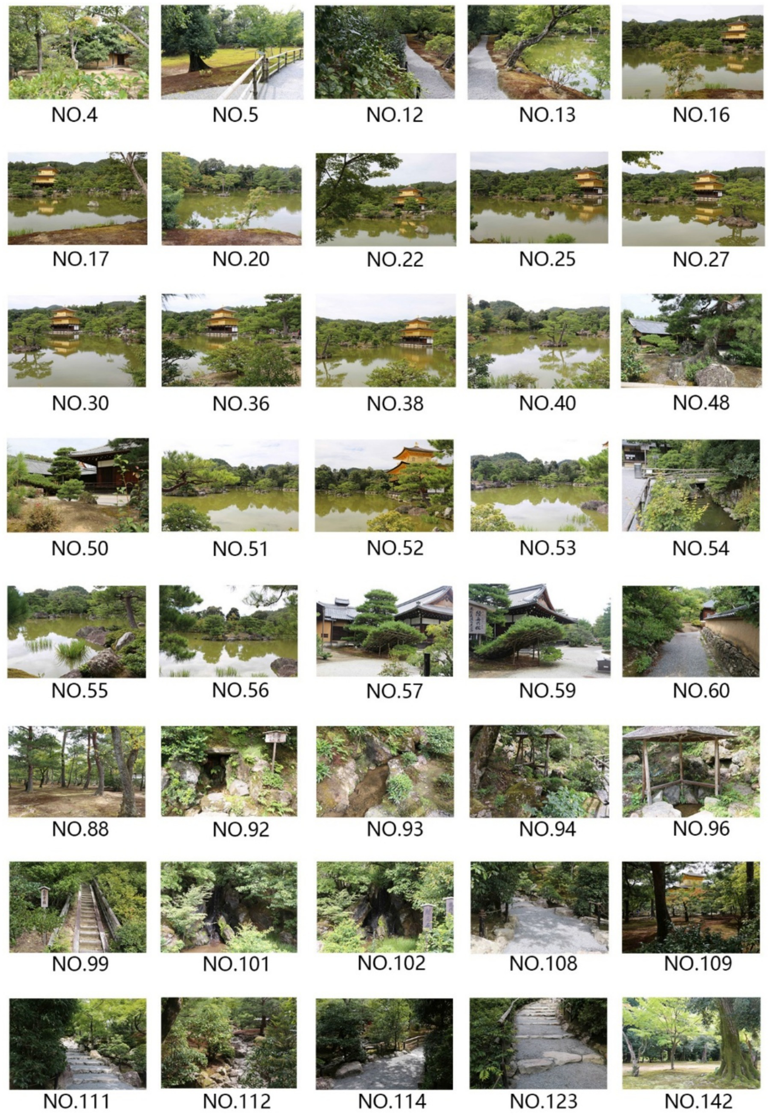 A grid of thirty-six images shows a scenic park with numbers beneath each photo. The images include pathways, wooden bridges, lush greenery, ponds, and traditional Japanese architecture. Some photos feature a golden pavilion seen across a reflective body of water. Others highlight rocky outcrops, wooded paths, and various views of landscaped gardens with stone steps and trees.