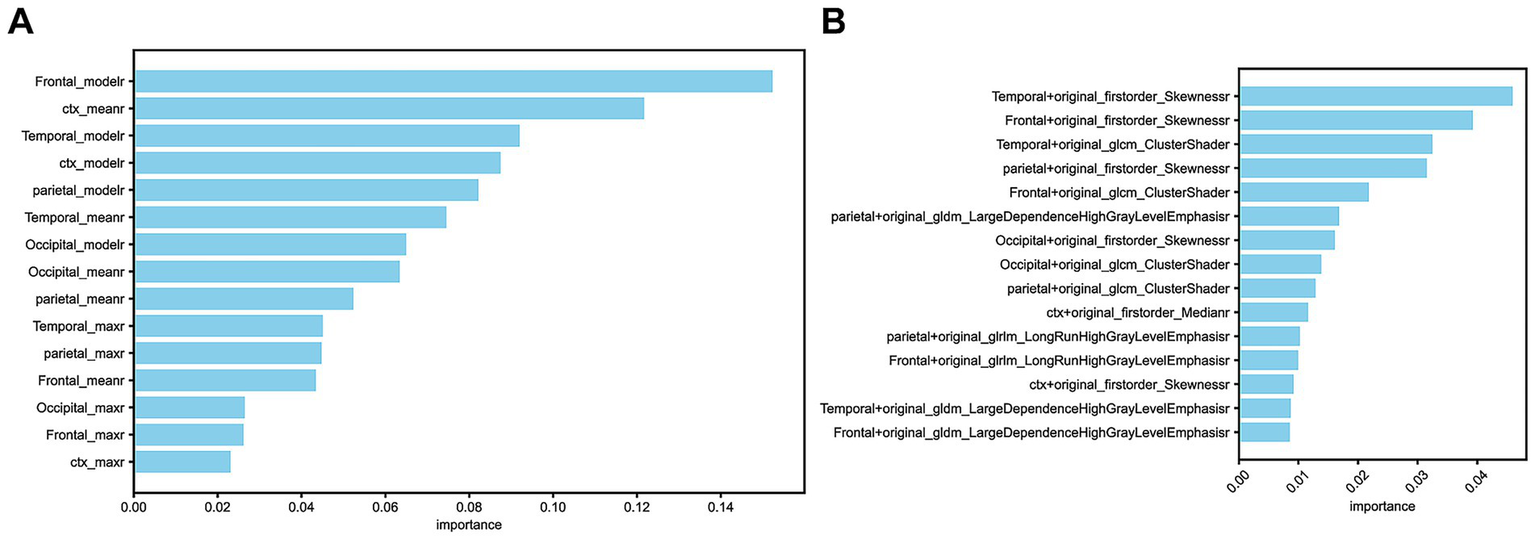 Panel A shows a horizontal bar chart with different brain regions and model parameters plotted against their importance. The "Frontal_modelr" has the highest importance, followed by "ctx_meanr". Panel B illustrates a similar bar chart with various brain parameters, labeled like "Temporal+original_firstorder_Skewnessr", showing their importance levels, with the Temporal parameter having the highest importance. Both charts display data visually with ascending values from top to bottom.