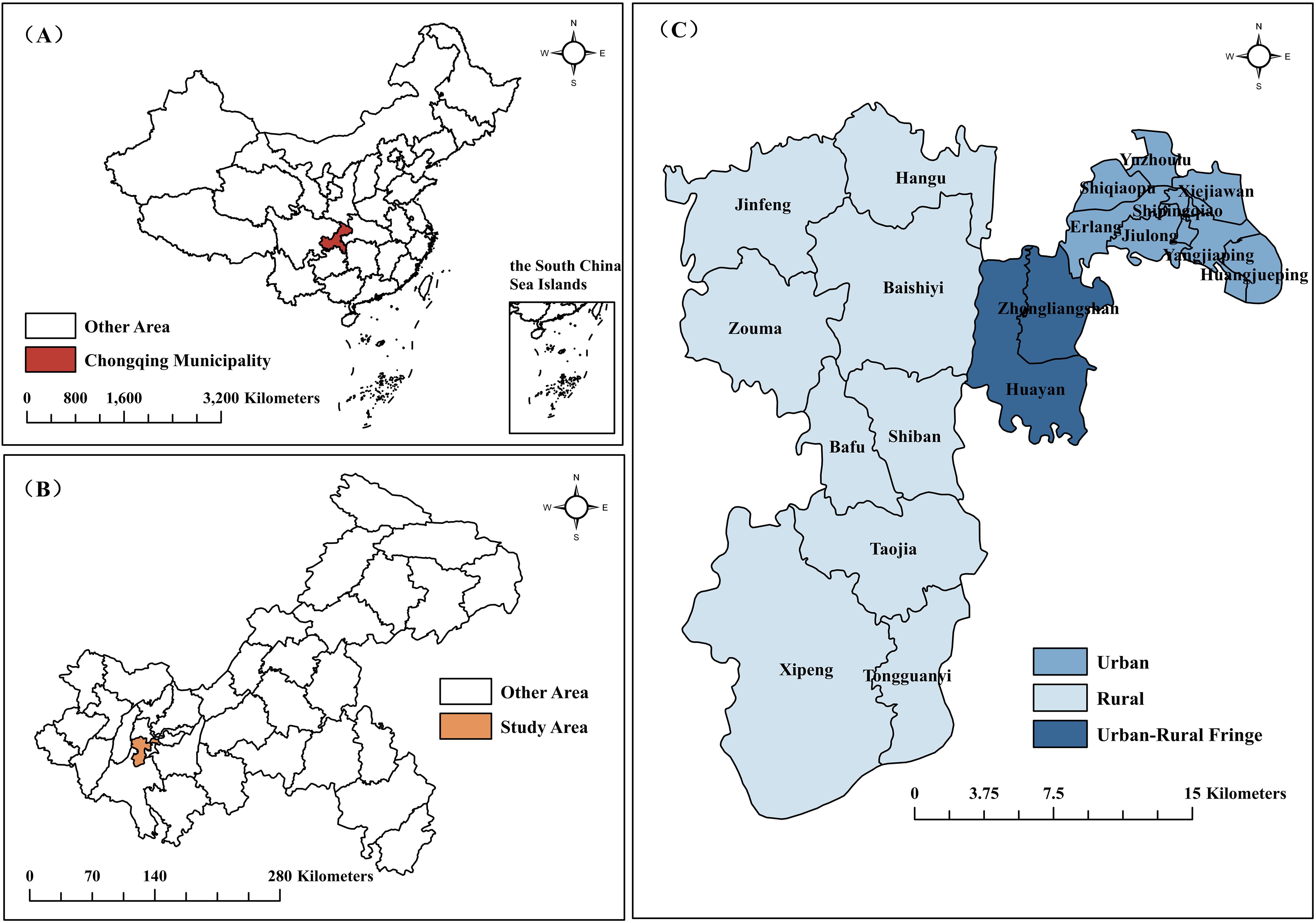Map showing three panels. Panel A highlights Chongqing Municipality in red within China. Panel B shows a specific study area marked in orange within Chongqing. Panel C details urban, rural, and urban-rural fringe areas in shades of blue, with names like Jinfeng, Baishiyi, and Huayan labeled. A scale and compass are included in each panel.