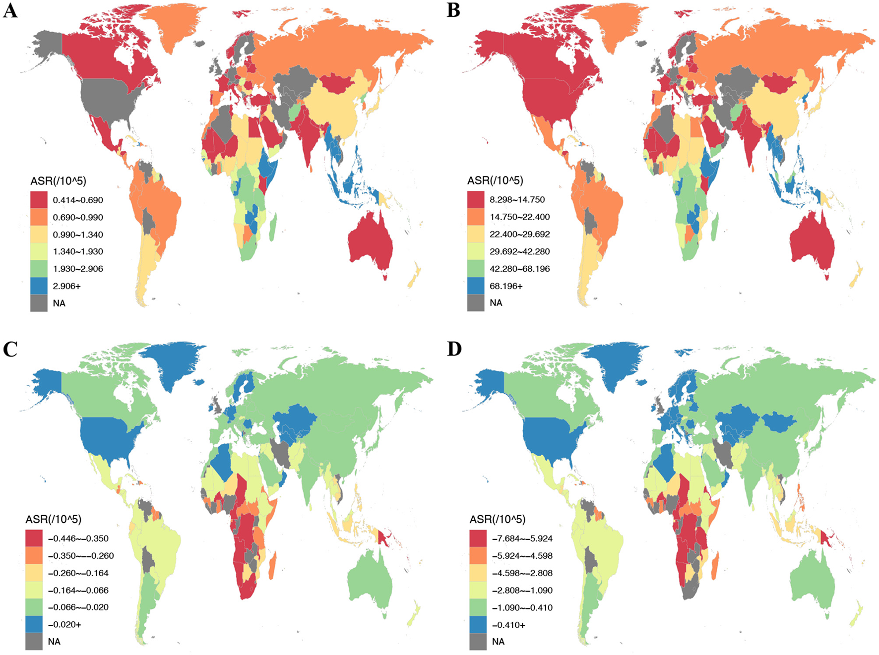 Four world maps labeled A, B, C, and D depict ASR data in various color gradients. Map A shows values from 0.414 to 0.690 in red and over 2.906 in blue. Map B ranges from 8.298 in red to over 68.196 in blue. Map C ranges from −0.446 in red to over −0.020 in blue. Map D ranges from −7.684 in red to over −0.410 in blue. Gray areas indicate data not available.
