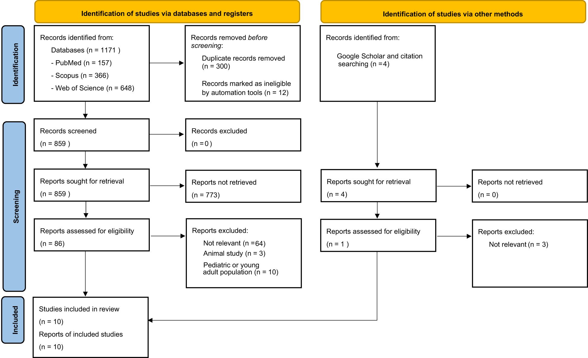 Flowchart depicting the study selection process for a review. The left section shows identification via databases: 1,171 records identified, with 300 duplicates and 12 ineligible records removed. Screening resulted in 859 records, with 773 not retrieved. After eligibility assessment, 86 reports remained, excluding 77 for various reasons. Ten studies were reviewed. The right section shows identification via other methods: 4 records identified and assessed, with 3 excluded as not relevant.