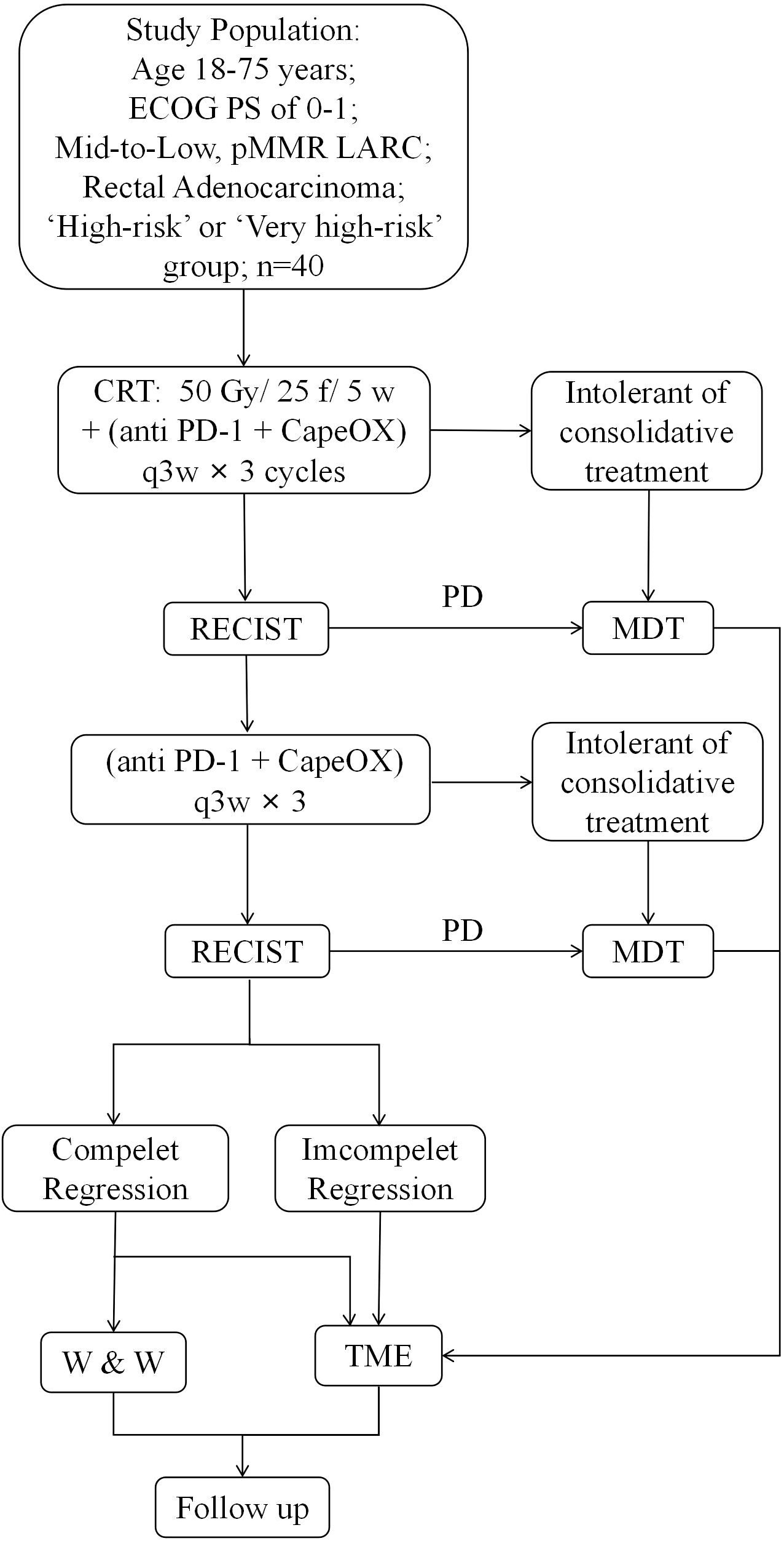 Flowchart outlining a study population and treatment process for rectal adenocarcinoma. Participants are aged eighteen to seventy-five and classified as “high risk” or “very high risk”. The Treatment is to undergo CRT followed by 6 cycles of anti-PD-1 combined with CapeOX regime, and then conduct an efficacy assessment. Patients intolerant to treatment or with disease progression are directed to MDT. Outcomes include complete or incomplete regression, leading to W&W or TME. A follow-up is conducted thereafter.