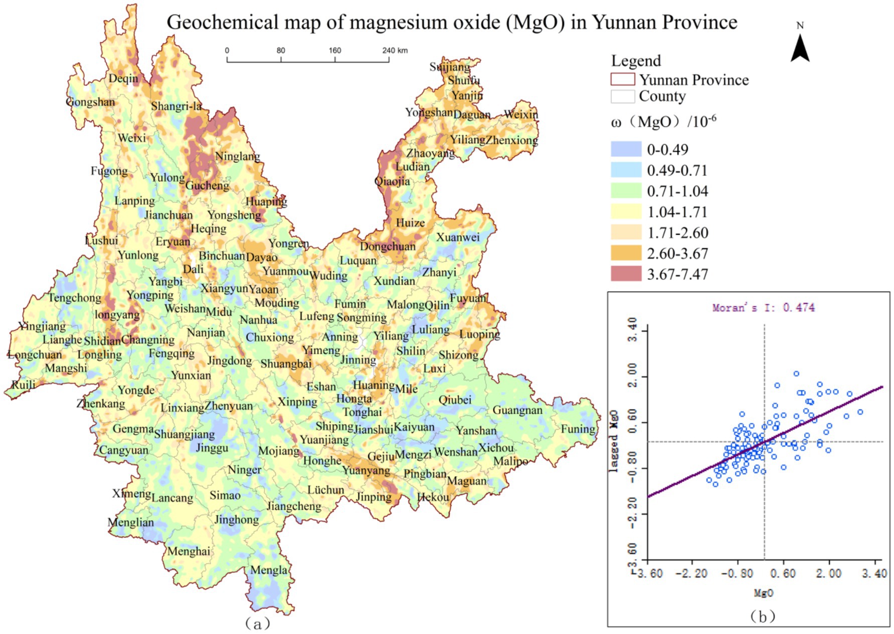 Geochemical map of magnesium oxide (MgO) concentrations in Yunnan Province, with a color-coded scale indicating MgO levels. The map shows county boundaries and town names, alongside a scatter plot displaying spatial correlation with Moran’s I value of 0.474. The scale on the map ranges from light blue for the lowest concentration to dark red for the highest.