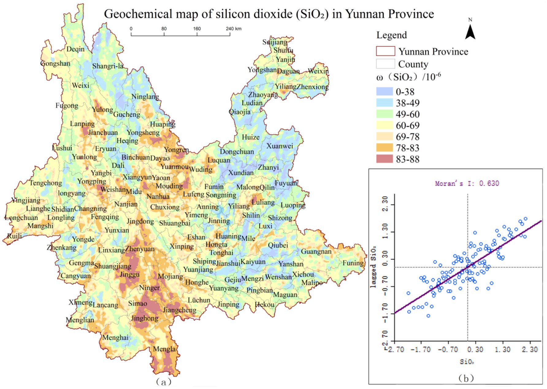 Geochemical map of silicon dioxide (SiO₂) in Yunnan Province, China, showing varying concentrations by color gradient: blue (0-38) to dark red (83-88). The map includes county names. A scatter plot on the right indicates a Moran’s I value of 0.630, showing spatial autocorrelation in SiO₂ data.