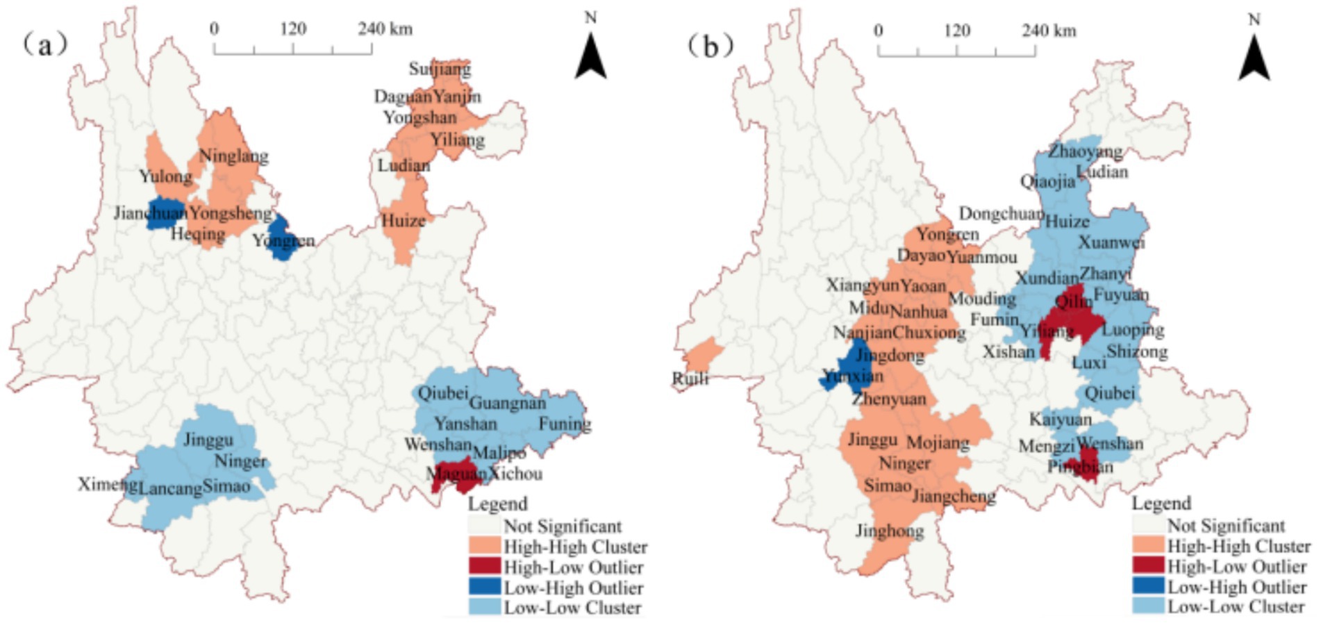 Two maps labeled (a) and (b) show regions categorized by significance and cluster type using color coding. Each map includes areas marked as “Not Significant,” “High-High Cluster,” “High-Low Outlier,” “Low-High Outlier,” and “Low-Low Cluster.” Regions are outlined, and names of various locations are labeled. Legends in the maps explain the color codes, with colors like beige, red, dark red, blue, and light blue used for classification. An arrow indicating north is present on both maps.