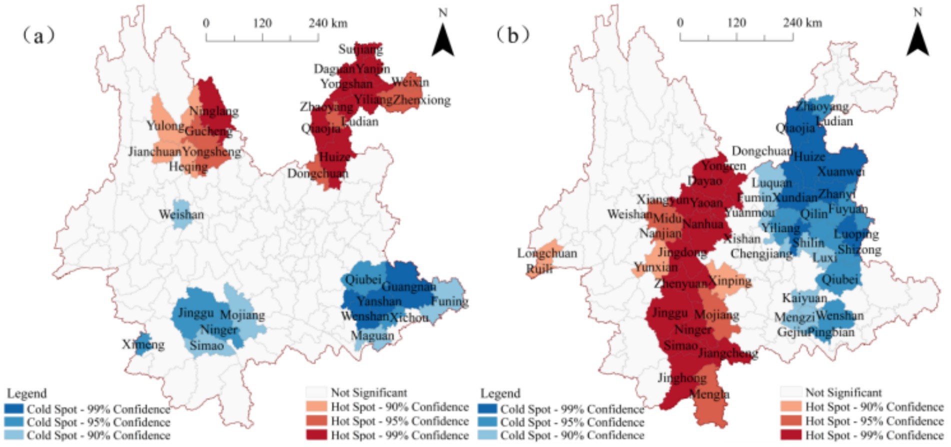 Map of two regions labeled (a) and (b), with areas marked as hot spots and cold spots. Hot spots are in red and orange, indicating levels of significance with 90%, 95%, and 99% confidence. Cold spots are in shades of blue with similar confidence levels. Legend included for color significance, marked on geographical boundaries with labeled locations.