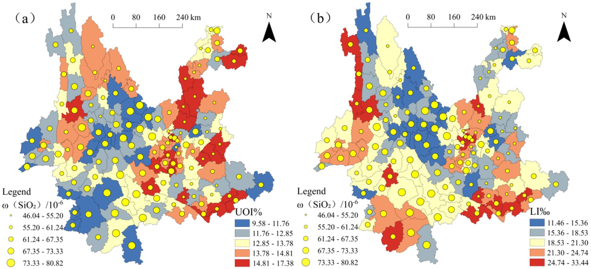 Two maps displaying distribution data with color-coded regions and yellow circles. Map (a) shows UOI percentages ranging from 9.58 to 17.38, while map (b) shows LI percentages from 11.46 to 33.44. Legends indicate SiO₂ levels from 46.04 to 80.82. Both maps have a scale and a north arrow.