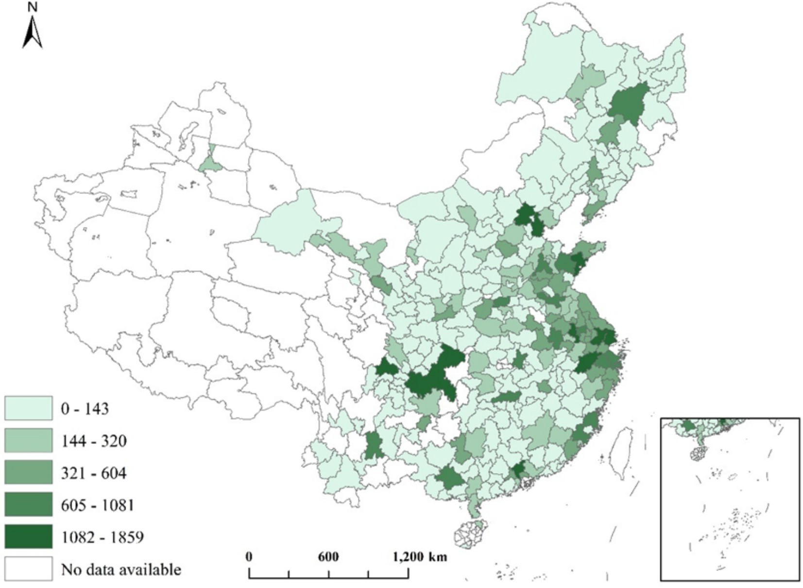 Map of China with regions shaded in varying shades of green indicating different data ranges: 0-143, 144-320, 321-604, 605-1081, and 1082-1859. A key on the left explains the color coding. Areas with no data are unshaded. A scale in kilometers is shown at the bottom. An inset map highlights a section in the southeast.