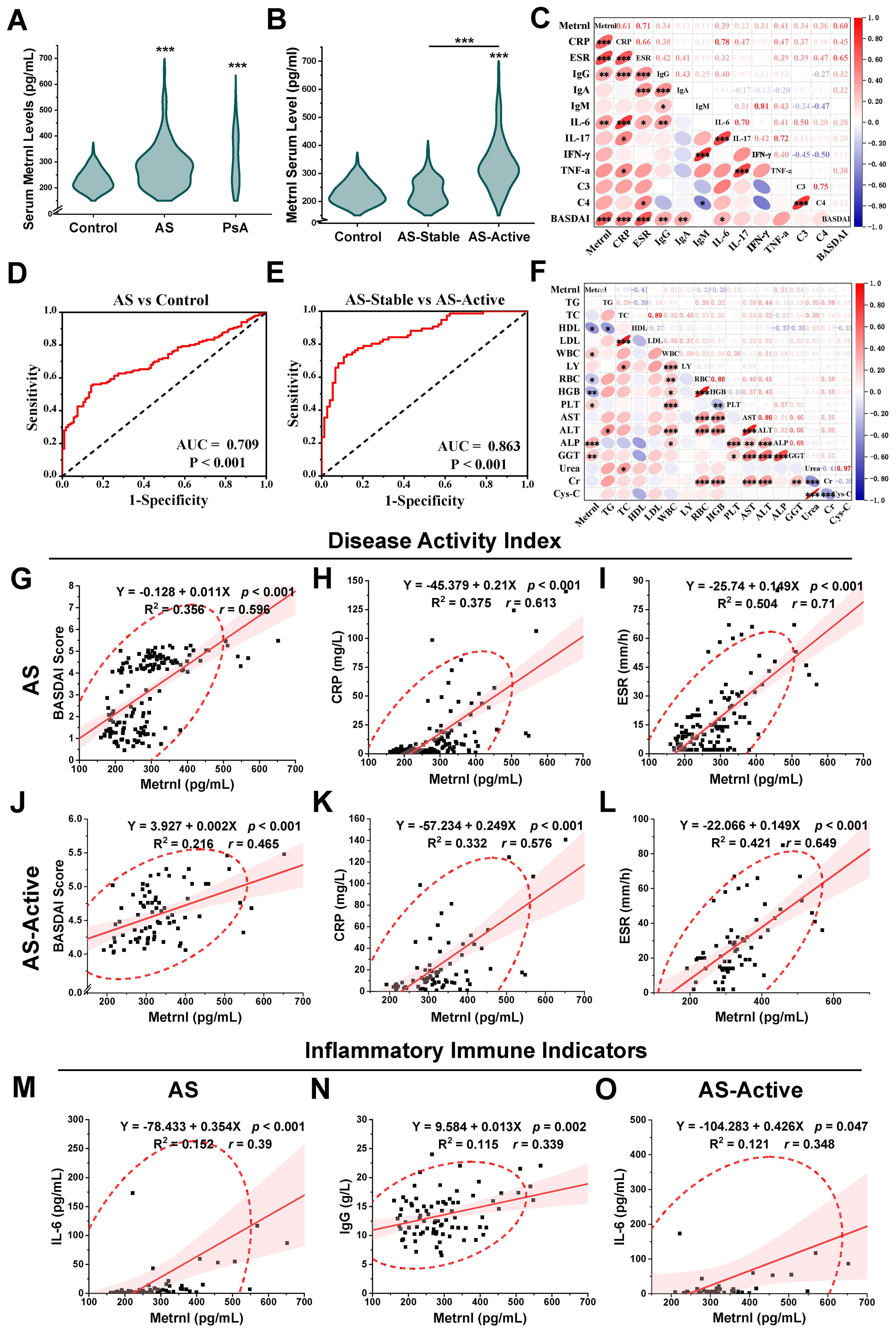 The image features multiple scientific graphs and charts related to disease activity and inflammatory immune indicators. Panel A and B show violin plots comparing serum levels of Metrnl between different groups. Panel C and F display correlation matrices linking Metrnl with various biomarkers. Panels D and E are ROC curves comparing sensitivity and specificity for AS versus control and AS-Stable versus AS-Active. Panels G to O include scatter plots illustrating correlations between Metrnl levels and disease indices like BASDAI, CRP, ESR, IL-6, and IgG, with statistical significance indicated in equations and R-squared values.