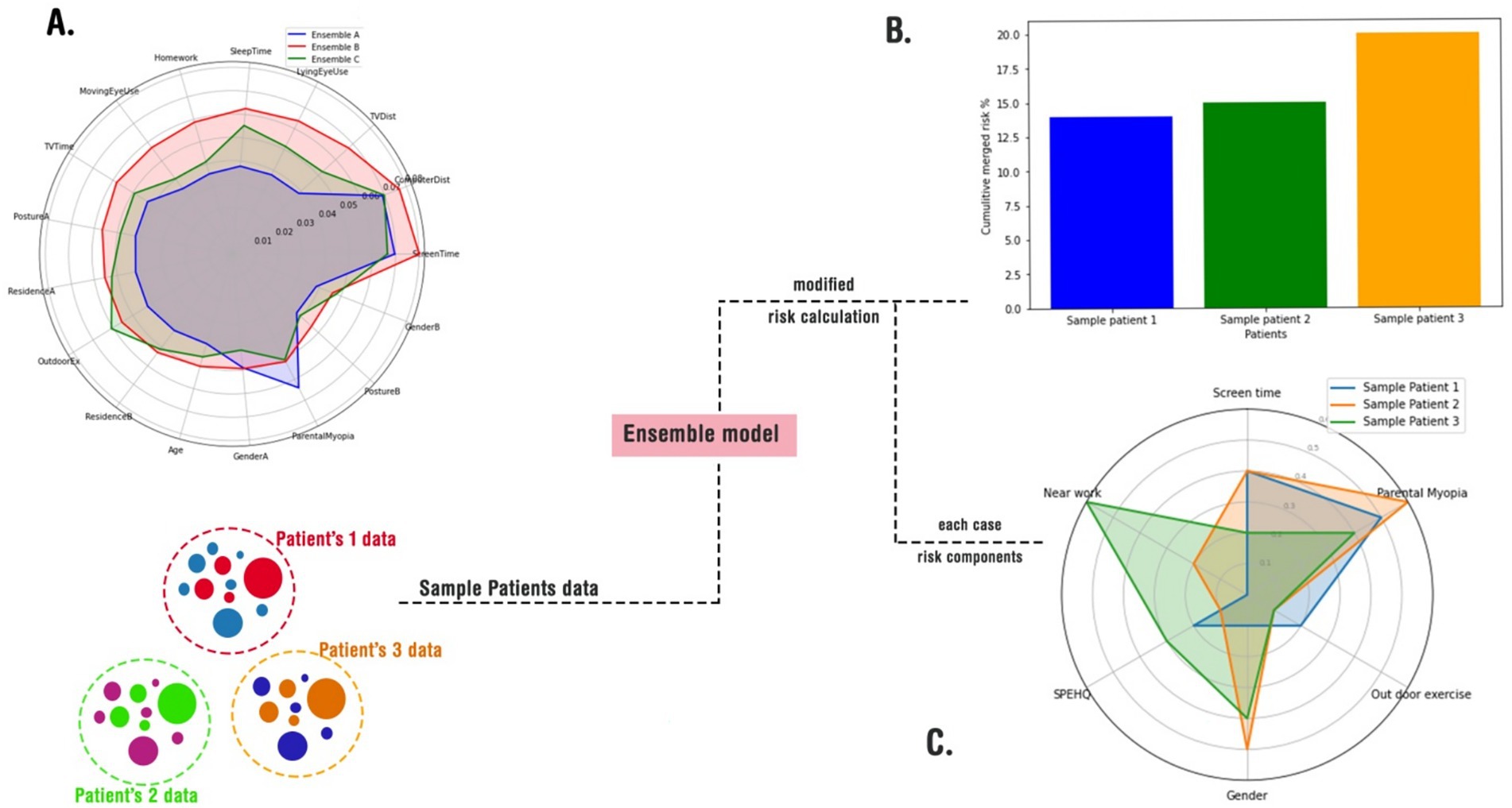 Diagram illustrating an ensemble model for risk calculation with multiple data visualizations. Panel A features a radar chart comparing Ensemble A, B, and C models across various lifestyle and genetic factors. Panel B displays a bar chart showing cumulative merged risk percentages for three sample patients. Panel C includes a radar chart comparing risk factors among the sample patients with a flowchart indicating data processing steps: sample patient data leading to risk components, ensemble model, and modified risk calculation. Bubble charts represent data distribution for each patient sample.