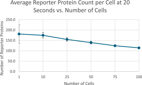 Line graph showing the average reporter protein count per cell over different numbers of cells at 20 seconds. The protein count decreases from 200 at 1 cell to 100 at 100 cells.