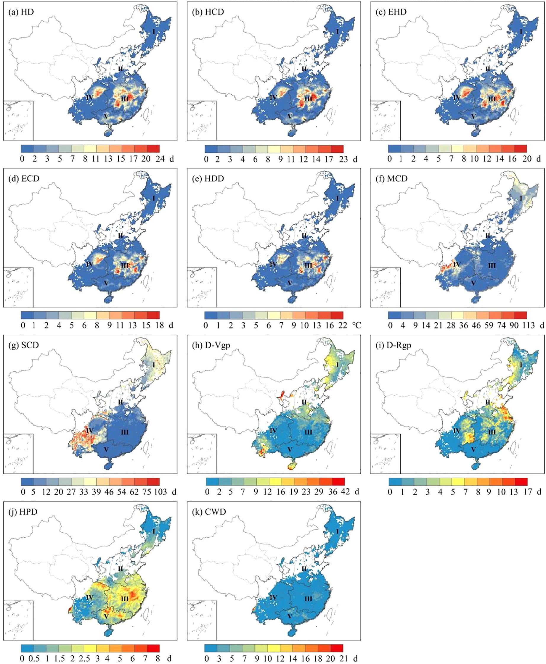 A series of maps illustrating various climate-related metrics across China. Each map is labeled from (a) to (k) with distinct color scales indicating different data categories, such as days or temperature in degrees Celsius. Regions are marked with Roman numerals for specific reference areas. The charts range in color from blue to red, indicating varying intensities or values of the depicted metrics.