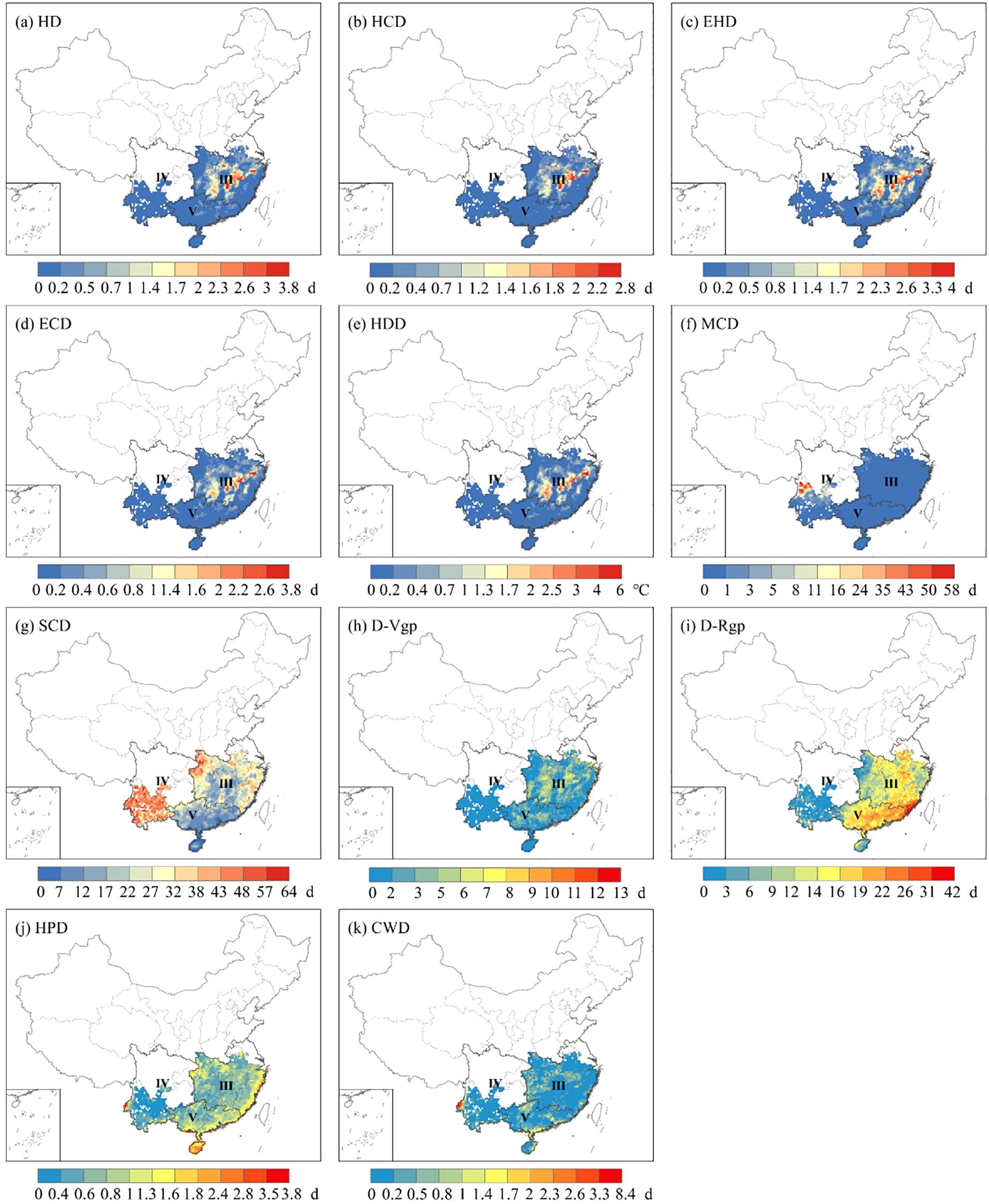 Eleven maps of China show different climate indices labeled from (a) to (k). Each map highlights specific regions in varying colors from blue to red, indicating different values of indices such as HD, HCD, EHD, ECD, HDD, MCD, SCD, D-Vgp, D-Rgp, HPD, and CWD. Legends at the bottom quantify the color gradations in respective units, representing days or degrees Celsius. Regions III, IV, and V are labeled on some maps.