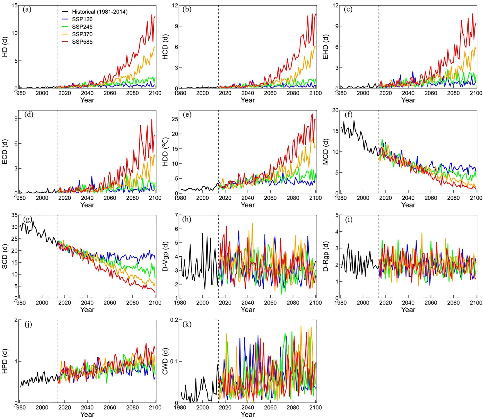 Eleven line graphs (panels a to k) depict the progression of climate-related indicators from 1980 to 2100 under various SSP scenarios: SSP126, SSP245, SSP370, and SSP585. Historical data from 1981 to 2014 is shown in black. Indicators include HD, EH, ECD, HDD, MCD, SCD, DVgp, DrRgp, HPD, and CWD. Each panel illustrates different trends, with many scenarios showing increasing or decreasing patterns by 2100. Dashed vertical lines separate historical data from future projections.