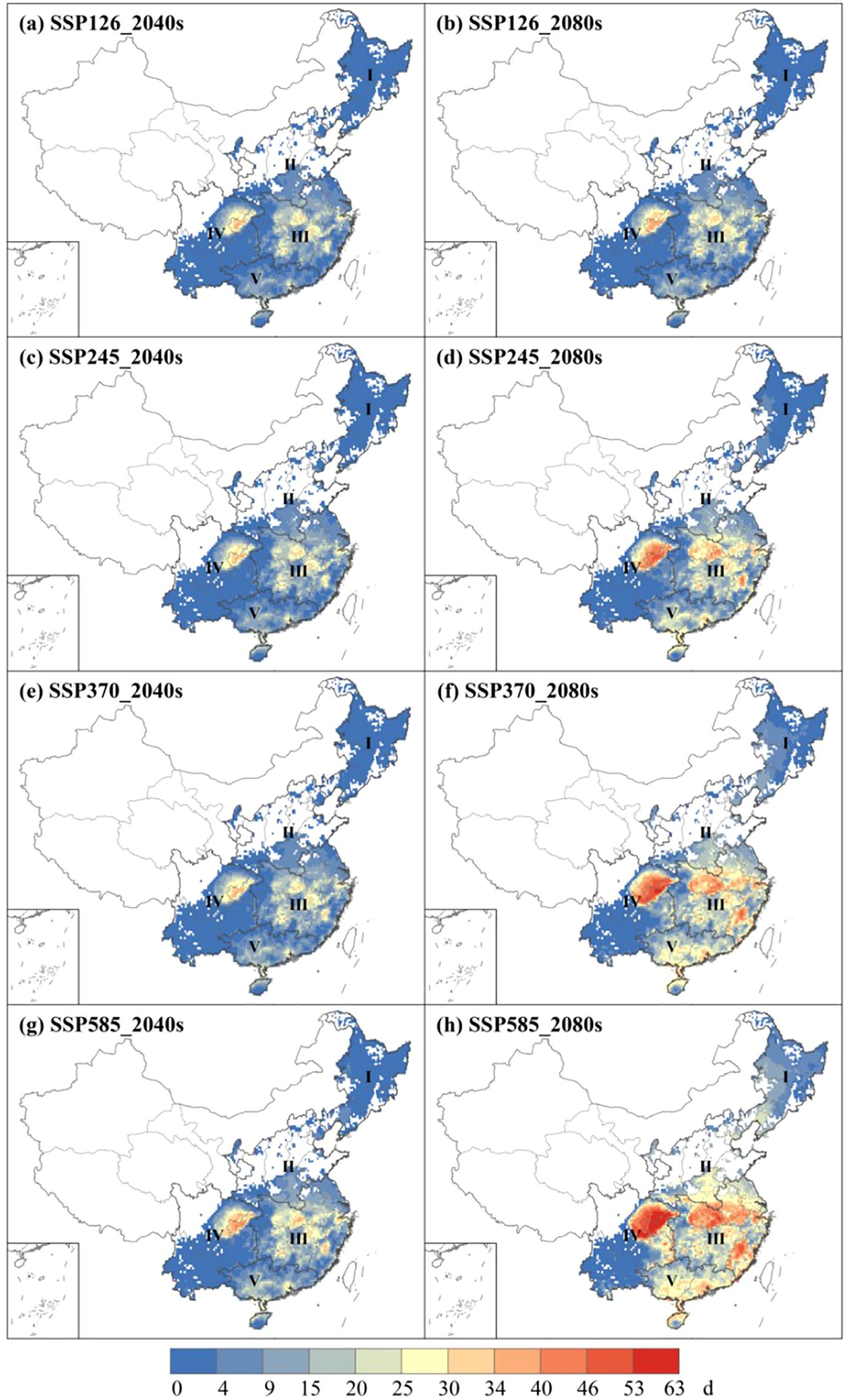 Maps depicting projected annual temperature change across China under various SSP (Shared Socioeconomic Pathways) scenarios for the 2040s and 2080s. Each panel represents different scenarios: SSP126, SSP245, SSP370, SSP585. Colors indicate temperature changes, with dark blue showing the least change and red the most. Regions I to V are labeled and analyzed across the scenarios.