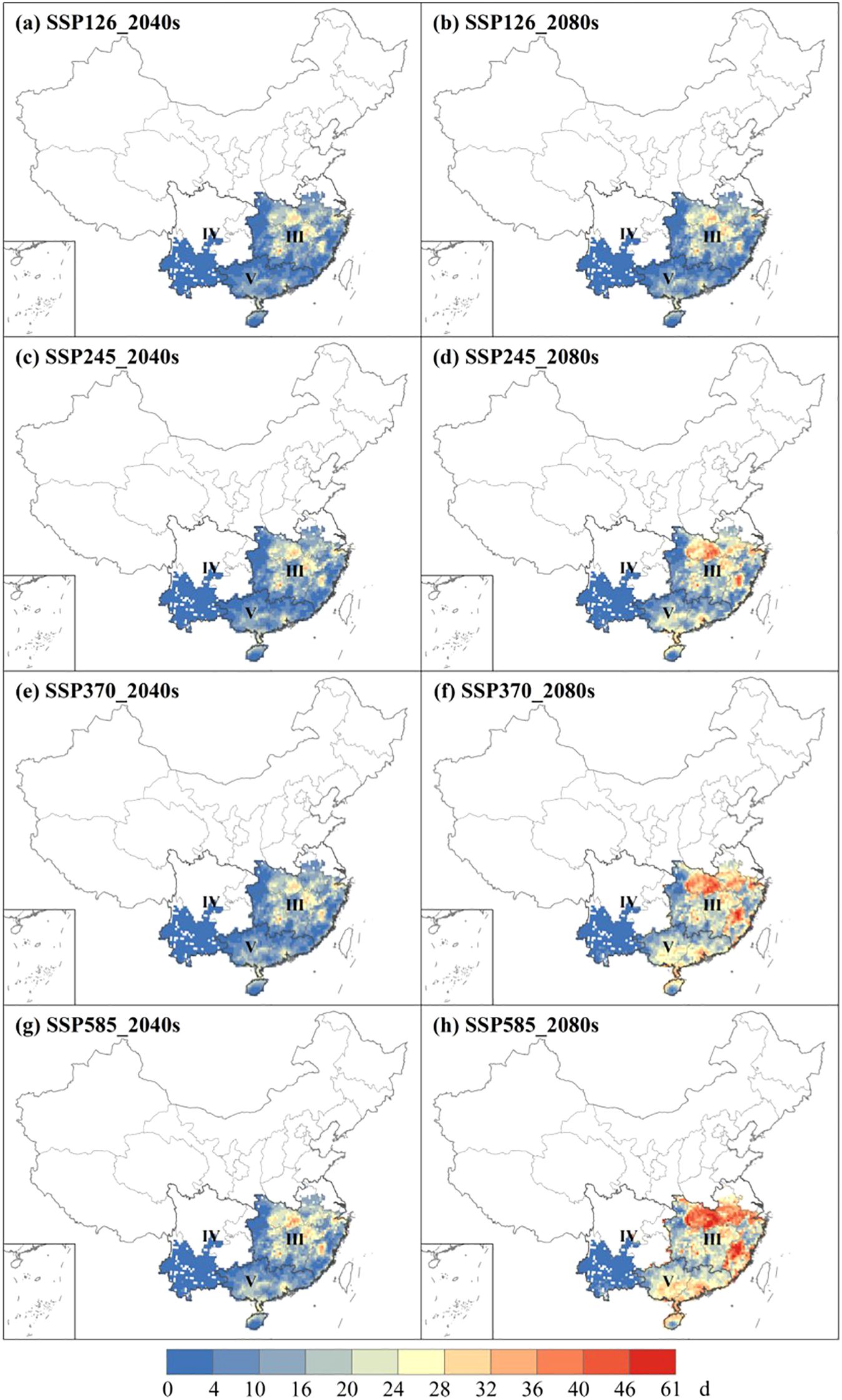 Maps show changes in China under different Shared Socioeconomic Pathways (SSP) scenarios for the 2040s and 2080s. Colors represent data values from 0 to 61, where blue indicates lower values, progressing through yellow to red for higher values. Panels (a) and (b) show SSP126; (c) and (d) show SSP245; (e) and (f) show SSP370; (g) and (h) show SSP585. Regions labeled I to V highlight specific areas.
