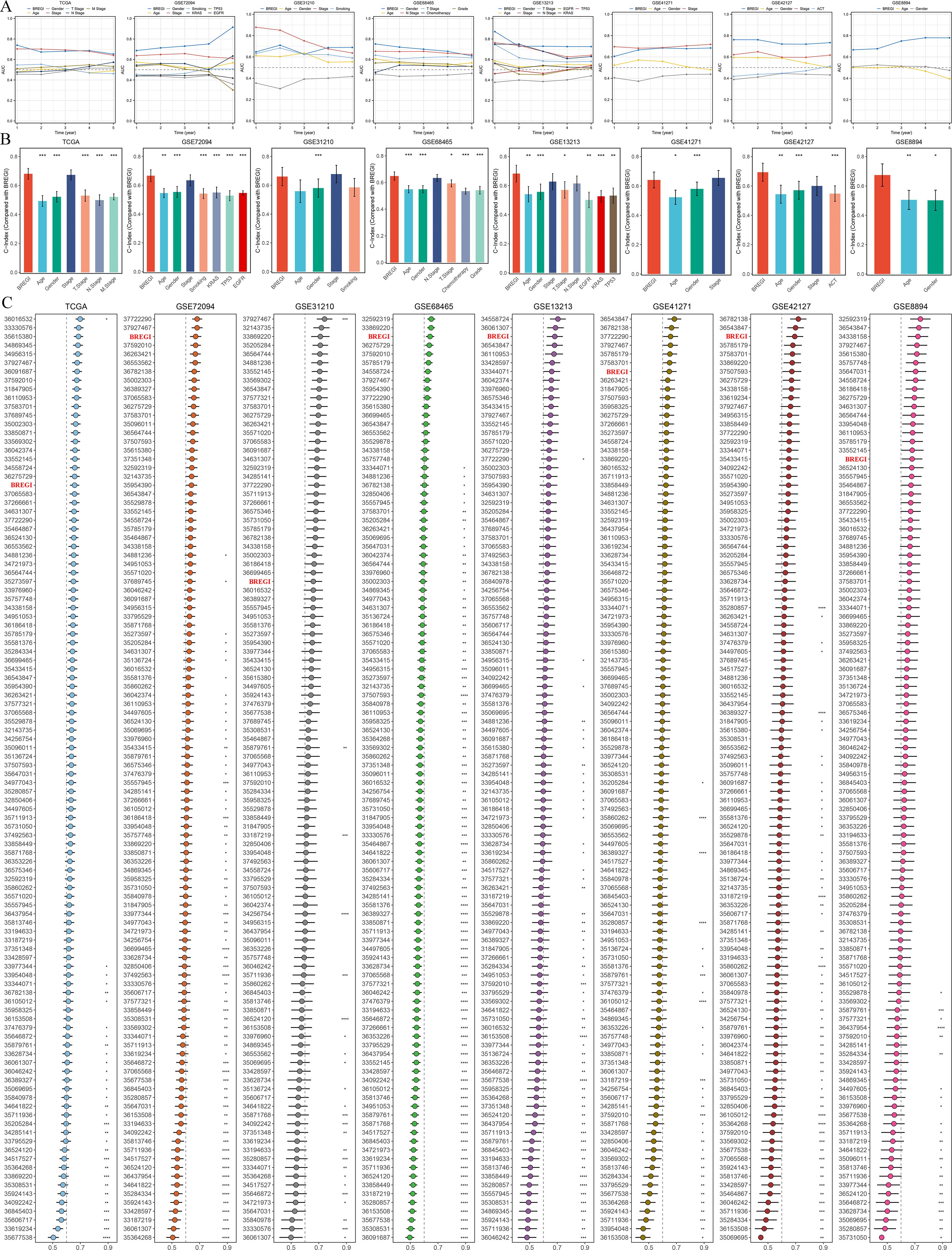 The image contains three panels labeled A, B, and C. Panel A displays five line graphs showing trends over time from various datasets. Panel B features eight grouped bar charts comparing expression levels across multiple conditions within different datasets. Panel C presents ten forest plots from different studies, highlighting various statistical values with colored markers. Each graph or chart is aligned under specific dataset identifiers, with numeric data and labels indicating specific measurement details.
