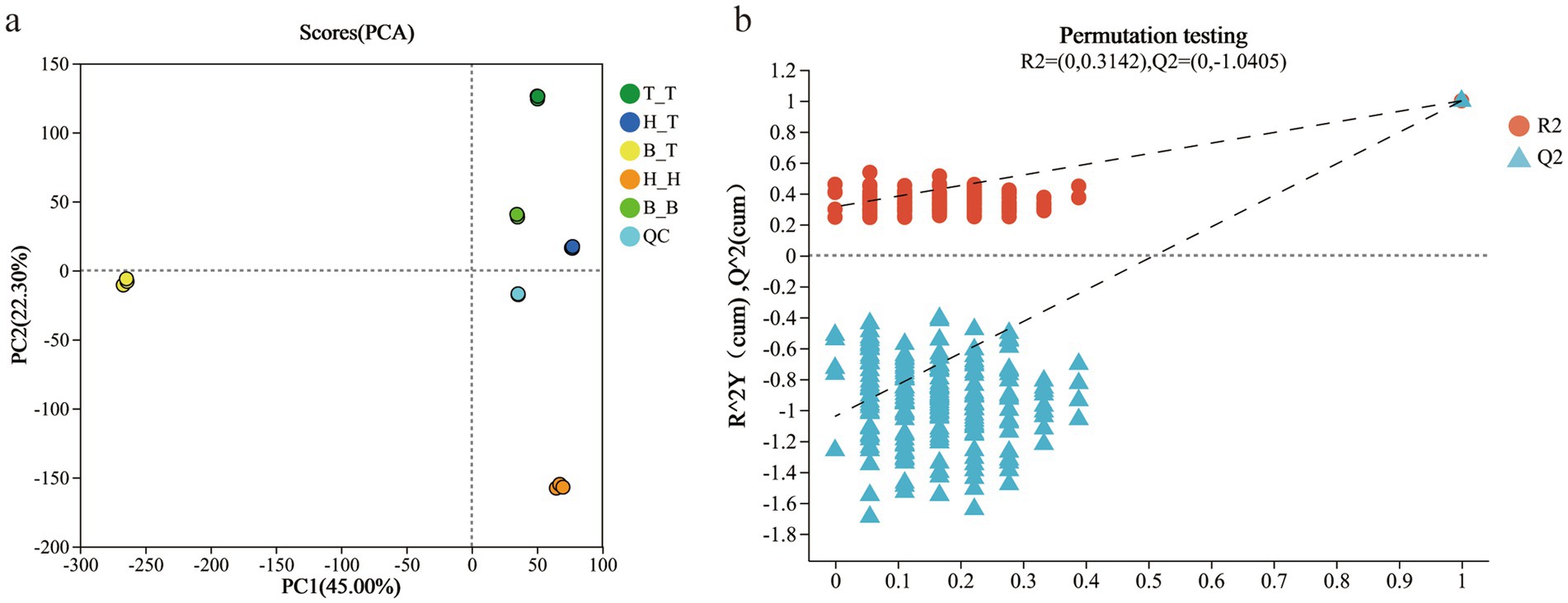 Panel a displays a PCA score plot with distinct clusters of colored circles representing different groups: T_T (green), H_T (blue), B_T (yellow), H_H (orange), B_B (light green), and QC (light blue). The x-axis represents PC1 at 45 percent, and the y-axis represents PC2 at 22.3 percent. Panel b shows a permutation testing plot with R2 and Q2 values depicted as red circles and blue triangles, respectively. The y-axis is labeled R²Y (cum), Q² (cum), and the x-axis ranges from zero to one, indicating statistical validation.