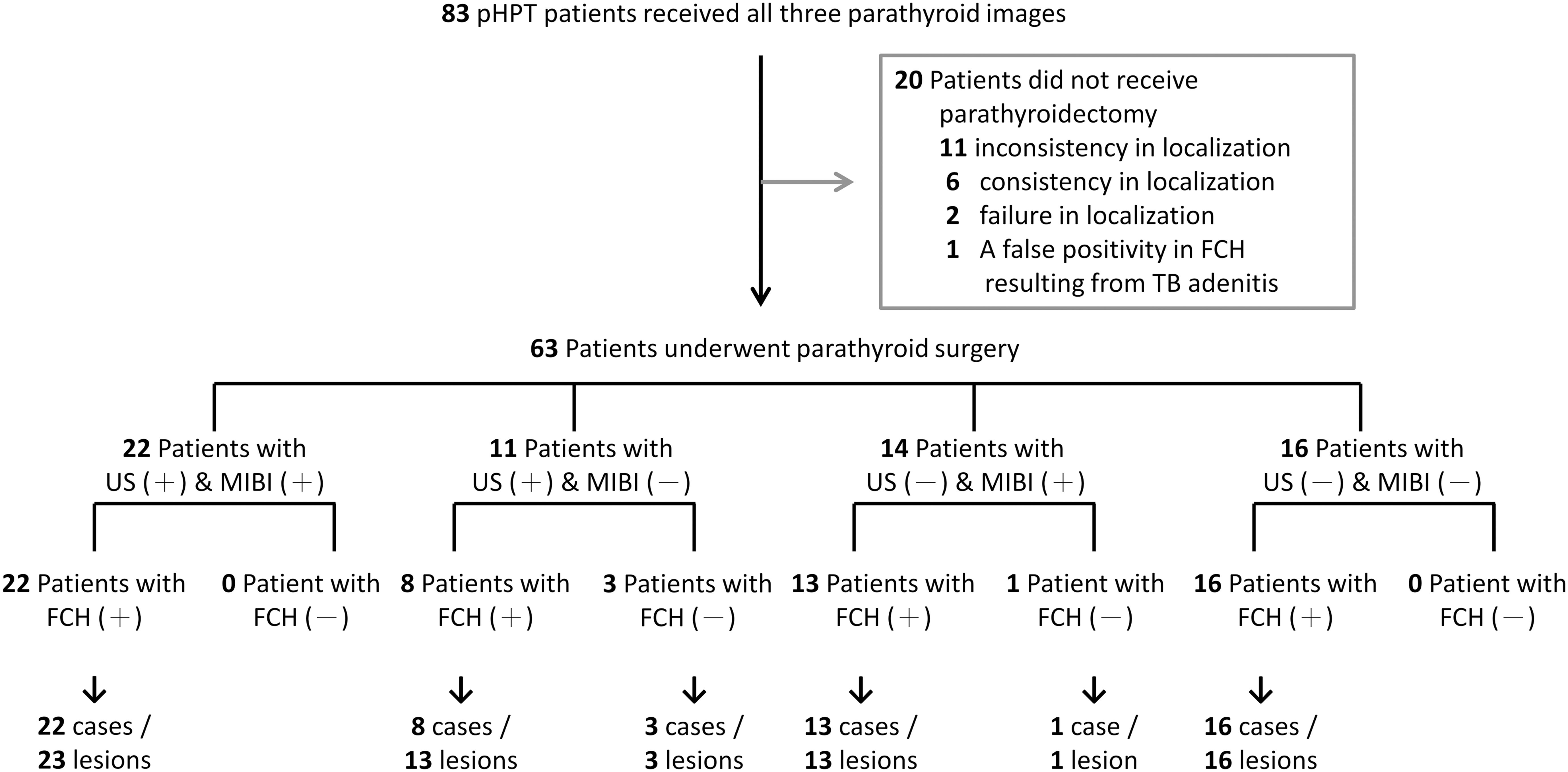 Participant flow diagram. 83 participants were recruited in this study and underwent all three parathyroid localization techniques. Twenty patients declined referral for parathyroidectomy and opted for periodic monitoring, whereas sixty-three patients underwent parathyroid surgery. Parathyroid neoplasms were confirmed in 69 lesions from these 63 patients.